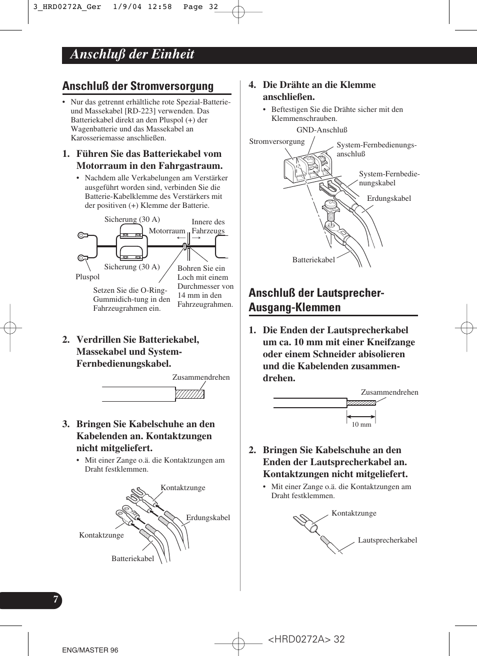 Klemmen, Anschluß der einheit, Anschluß der stromversorgung | Anschluß der lautsprecher- ausgang-klemmen | Pioneer GM-3000T User Manual | Page 32 / 73