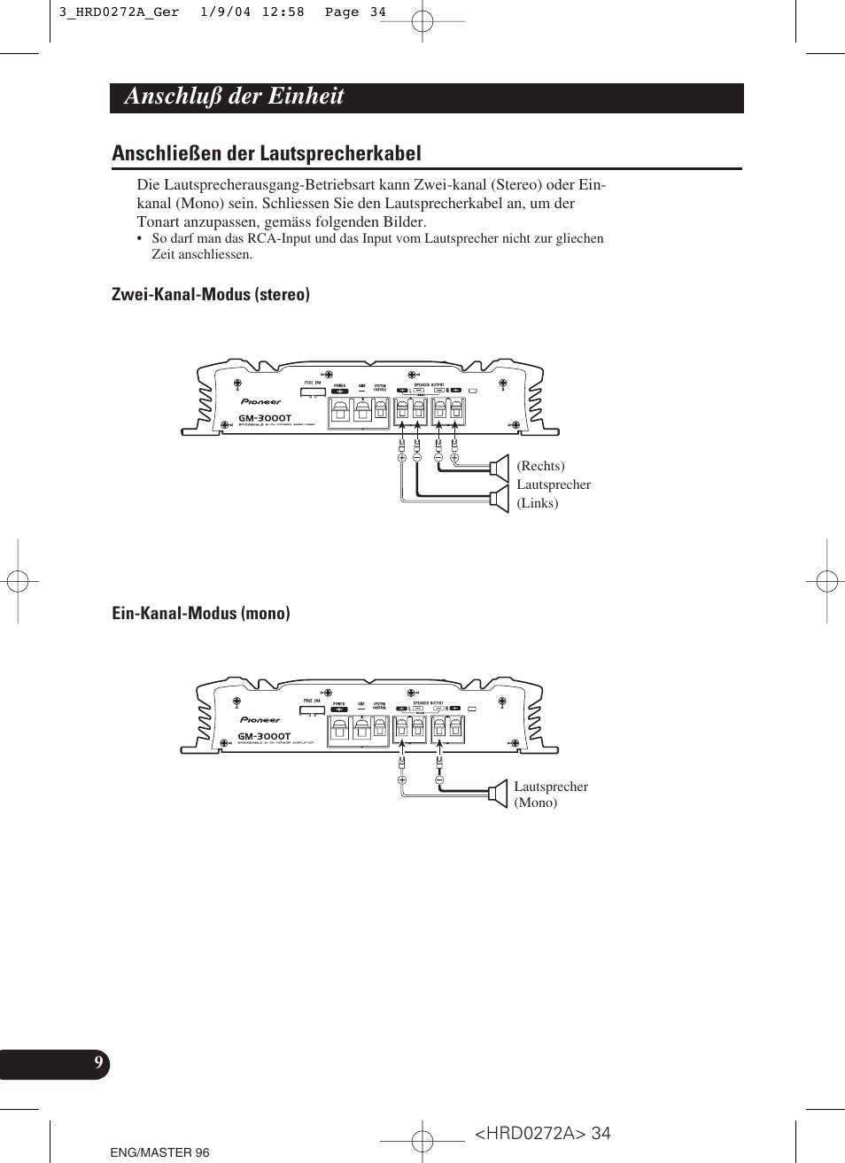 Anschließen der lautsprecherkabel, Anschluß der einheit | Pioneer GM-3000T User Manual | Page 34 / 73