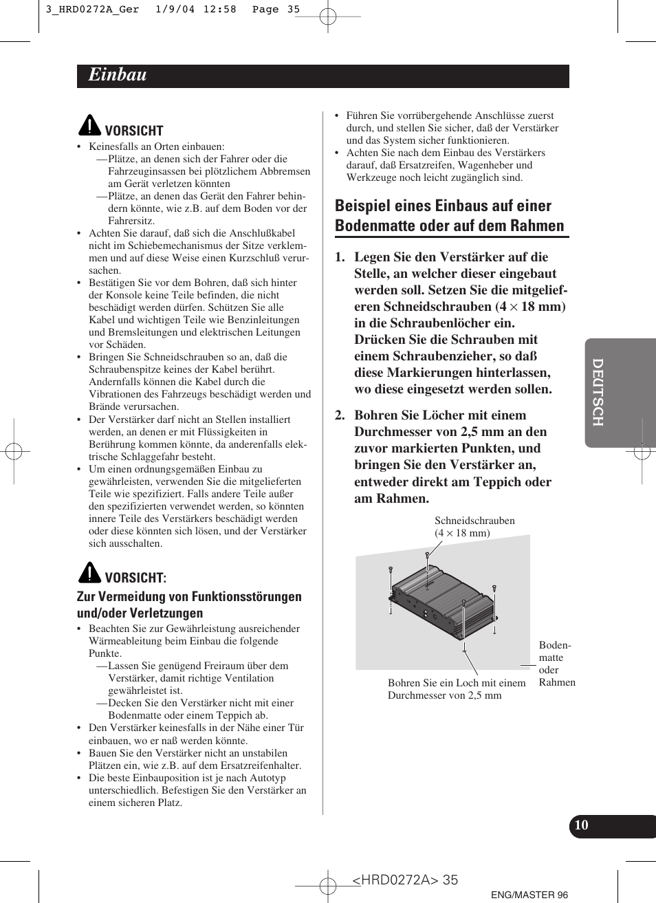 Einbau, Beispiel eines einbaus auf einer, Bodenmatte oder auf dem rahmen | Pioneer GM-3000T User Manual | Page 35 / 73