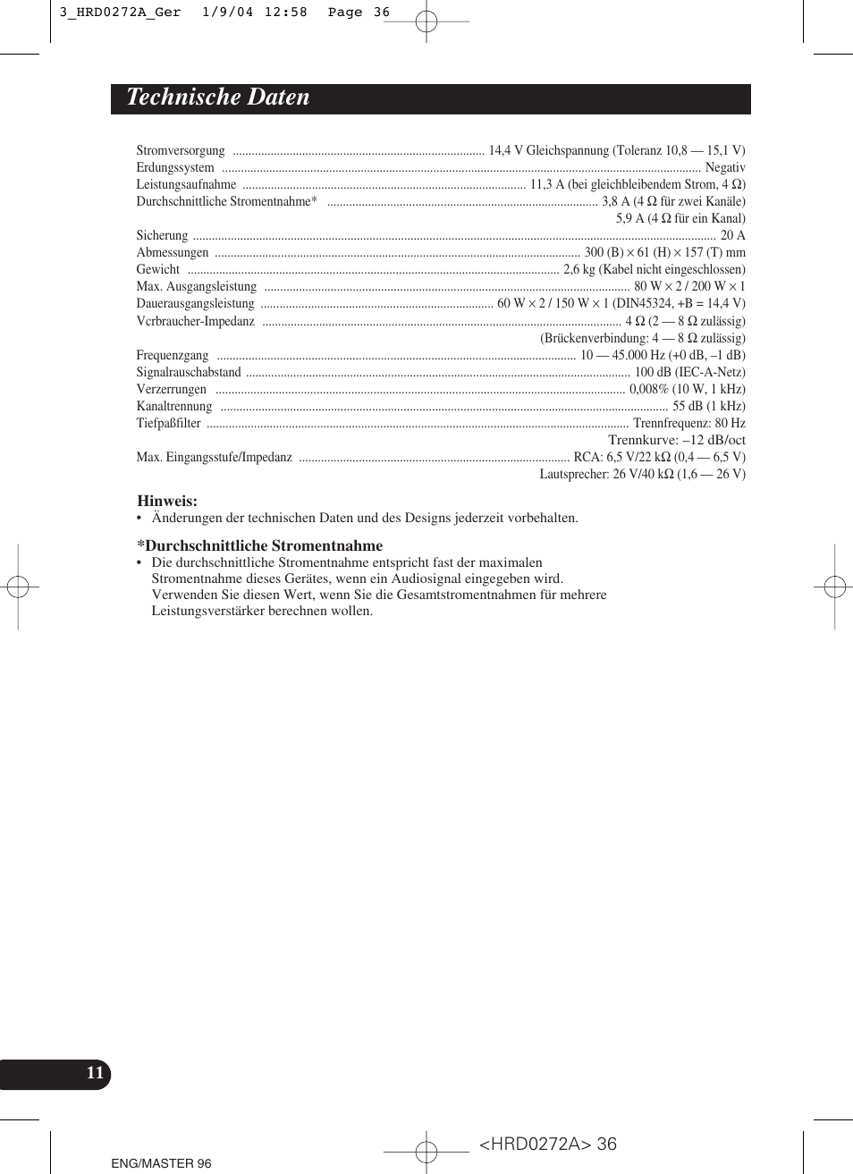 Technische daten | Pioneer GM-3000T User Manual | Page 36 / 73