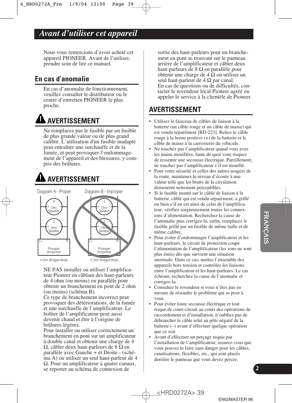 Avant d’utiliser cet appareil, En cas d’anomalie avertissement, En cas d’anomalie | Avertissement | Pioneer GM-3000T User Manual | Page 39 / 73