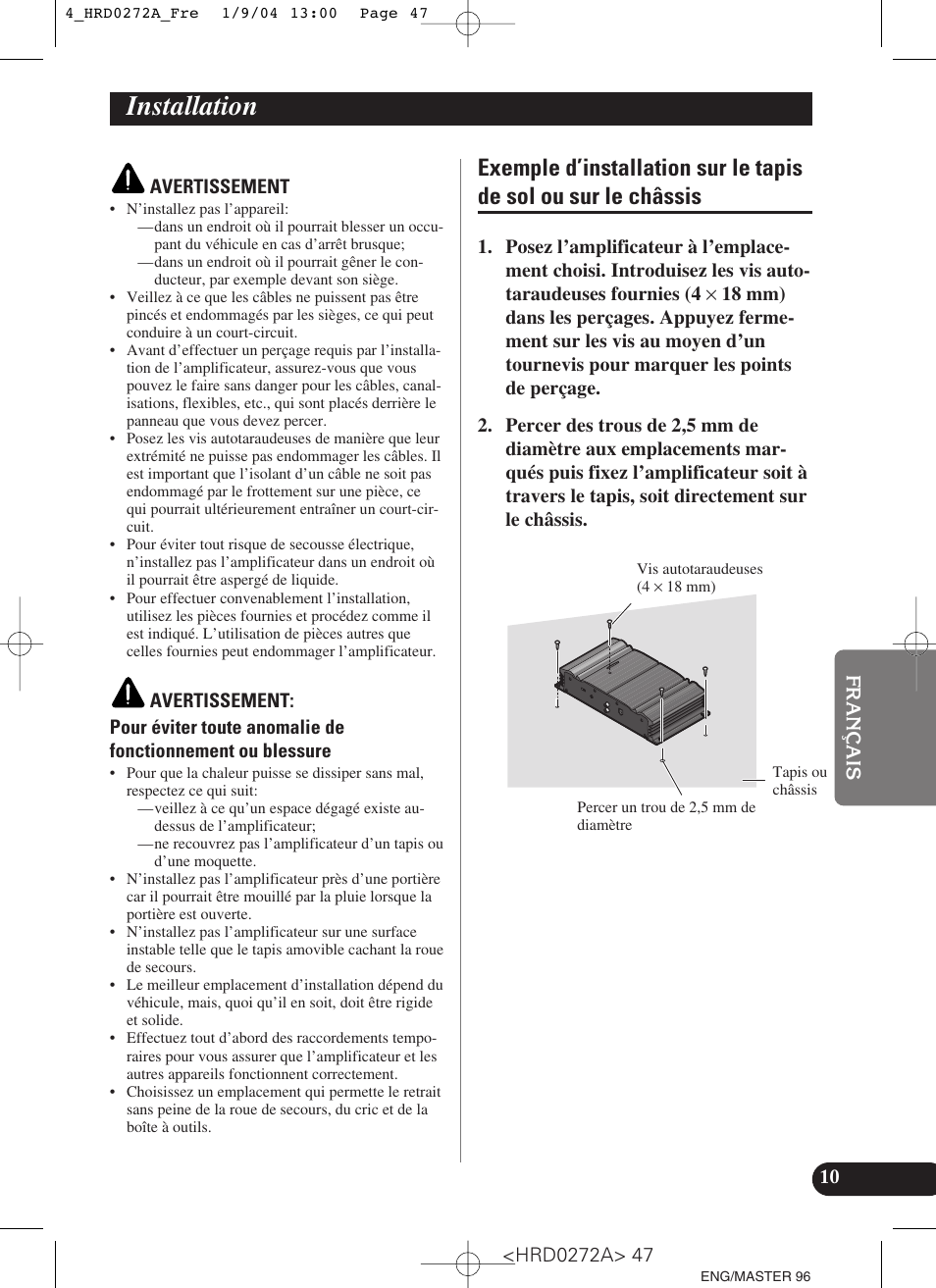 Installation, Exemple d’installation sur le tapis de sol, Ou sur le châssis | Pioneer GM-3000T User Manual | Page 47 / 73