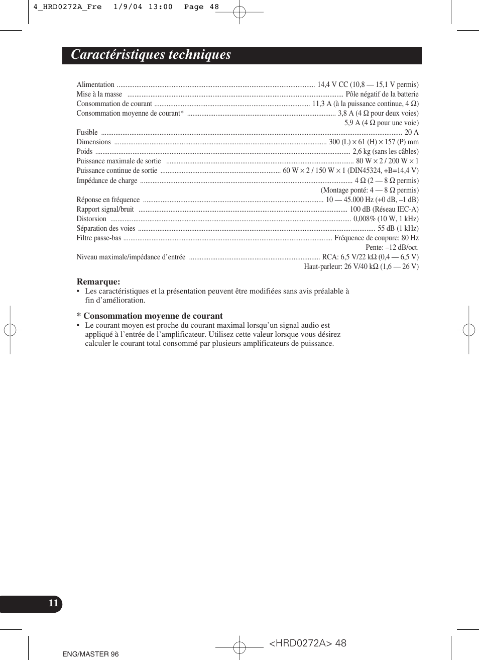 Caractéristiques techniques | Pioneer GM-3000T User Manual | Page 48 / 73