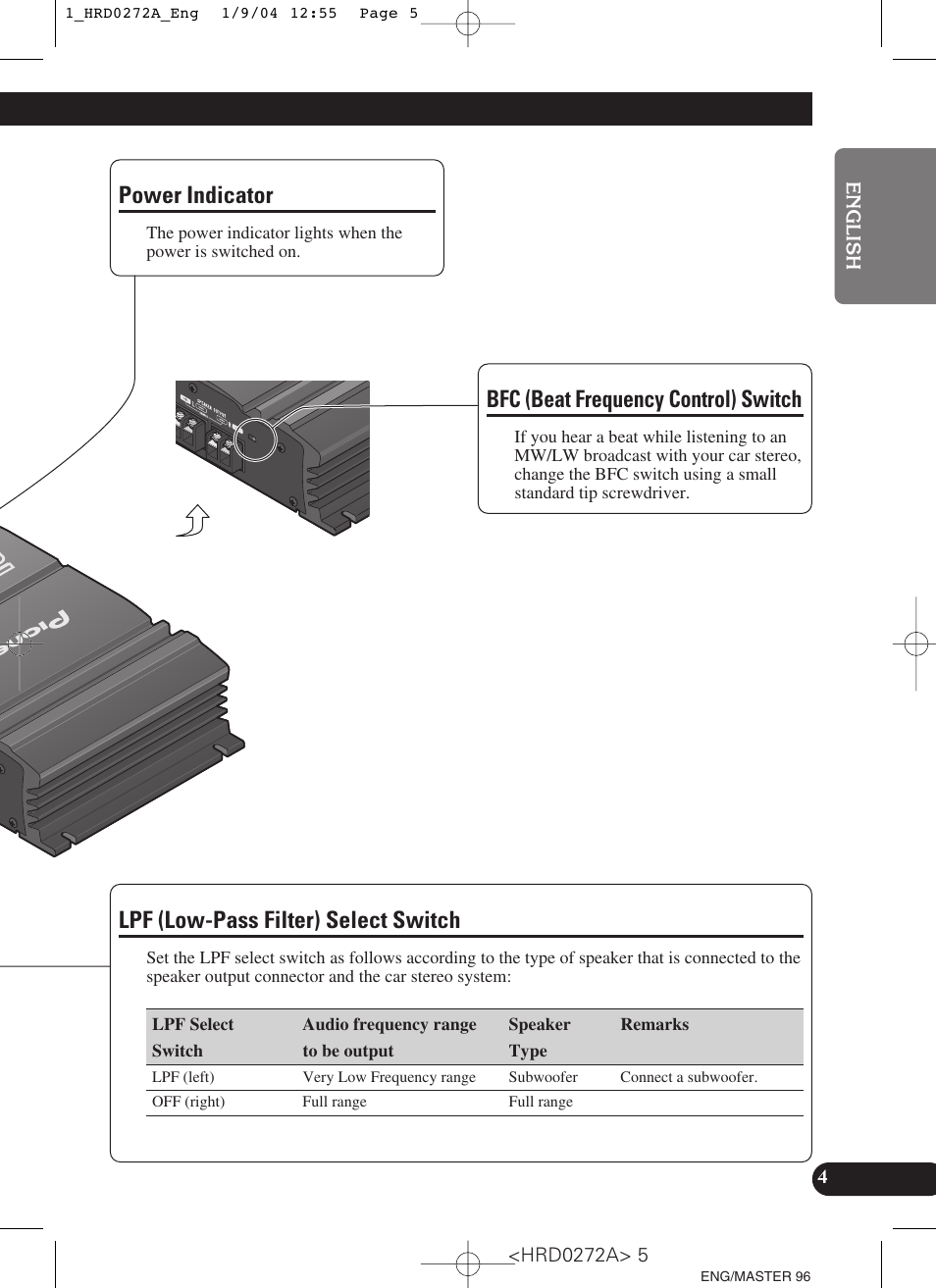 Lpf (low-pass filter) select switch, Power indicator, Bfc (beat frequency control) switch | Pioneer GM-3000T User Manual | Page 5 / 73