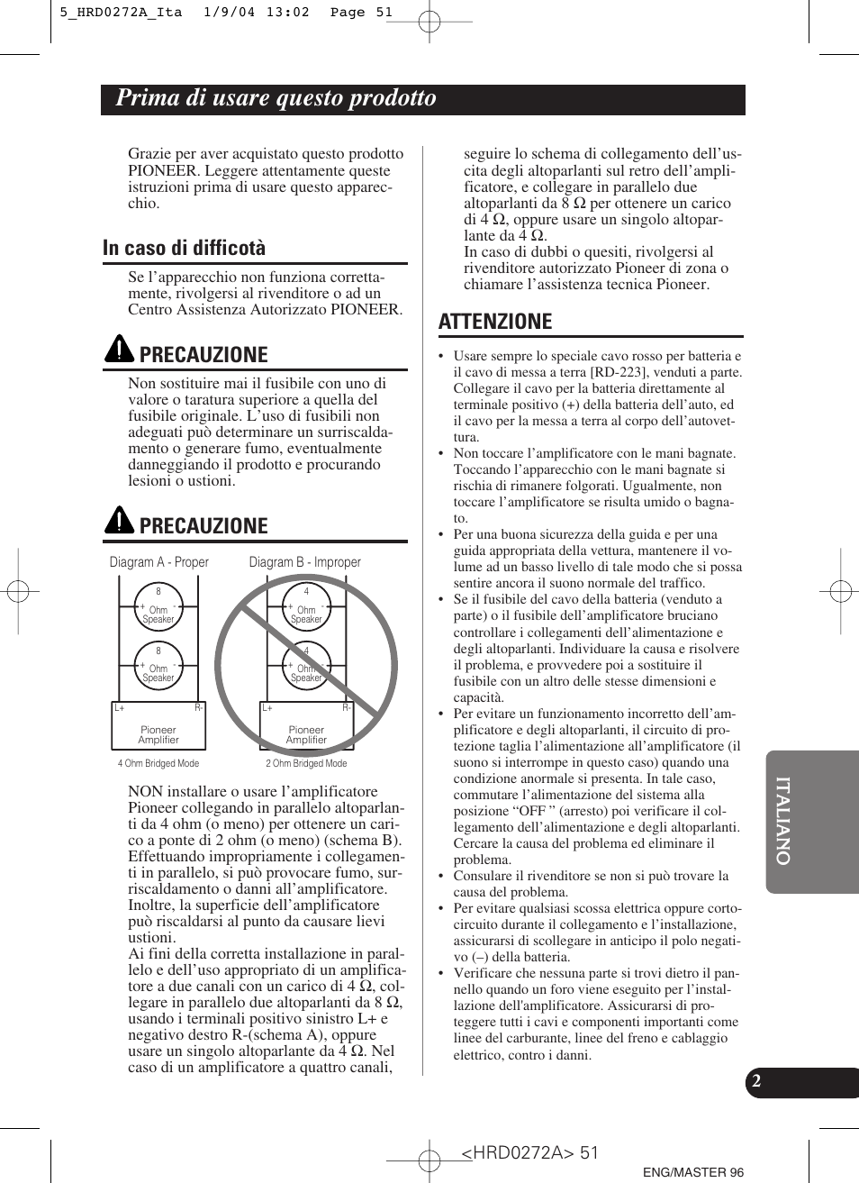 Prima di usare questo prodotto, In caso di difficotà attenzione, Precauzione | Attenzione | Pioneer GM-3000T User Manual | Page 51 / 73