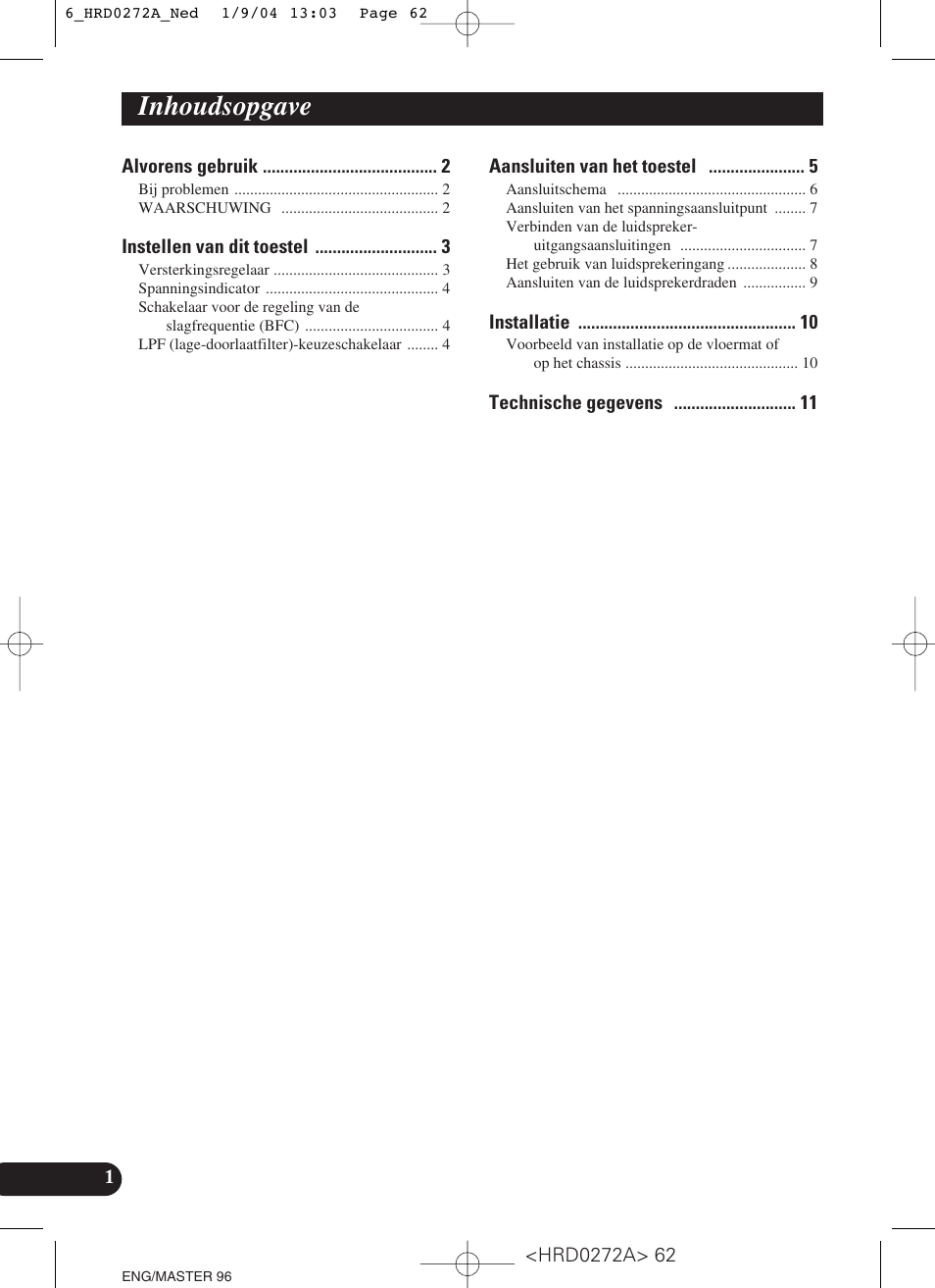 Inhoudsopgave | Pioneer GM-3000T User Manual | Page 62 / 73