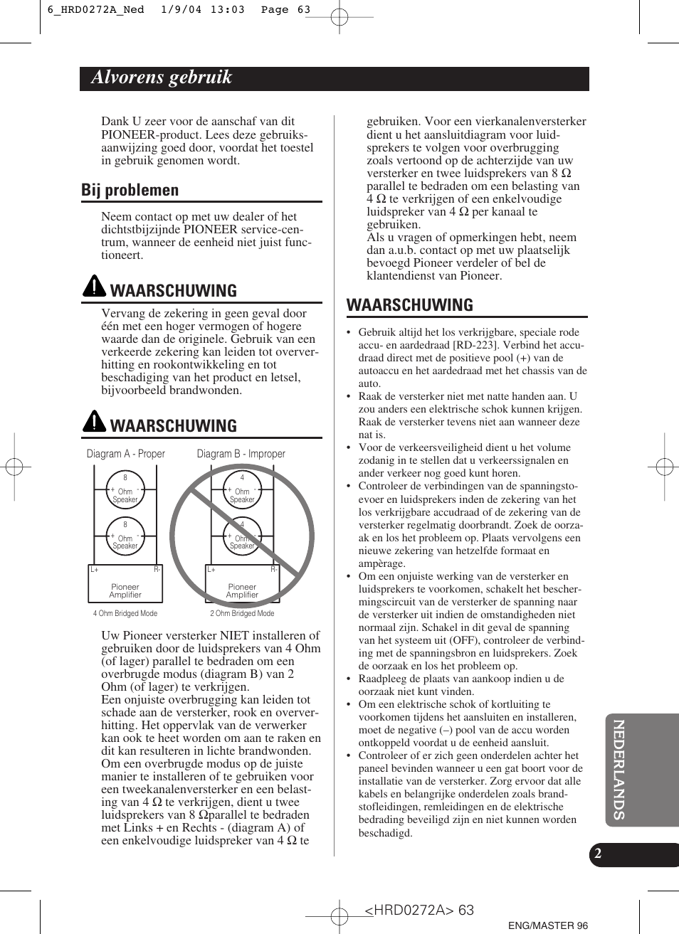 Alvorens gebruik, Bij problemen waarschuwing, Bij problemen | Waarschuwing | Pioneer GM-3000T User Manual | Page 63 / 73