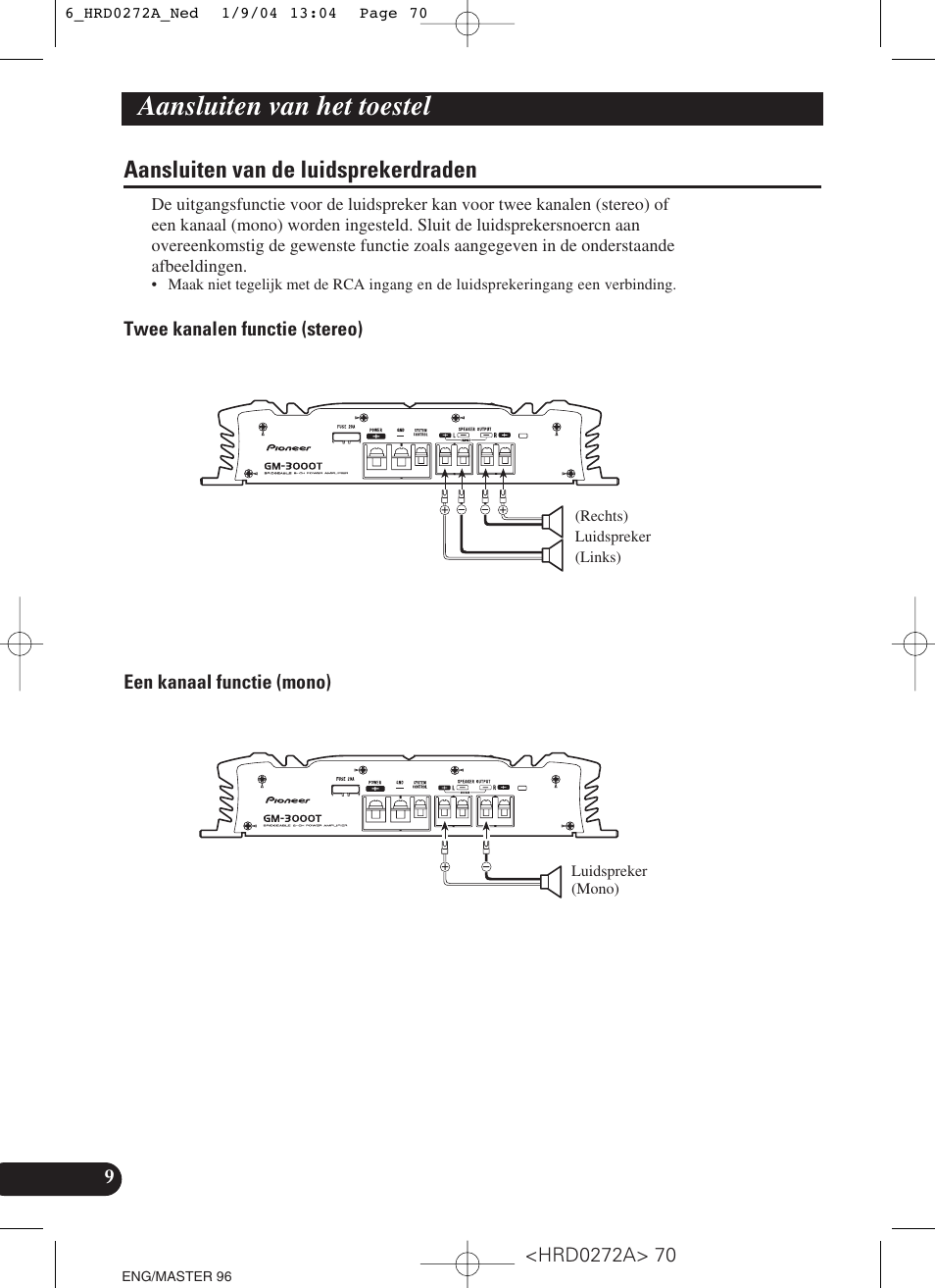 Aansluiten van de luidsprekerdraden, Aansluiten van het toestel | Pioneer GM-3000T User Manual | Page 70 / 73