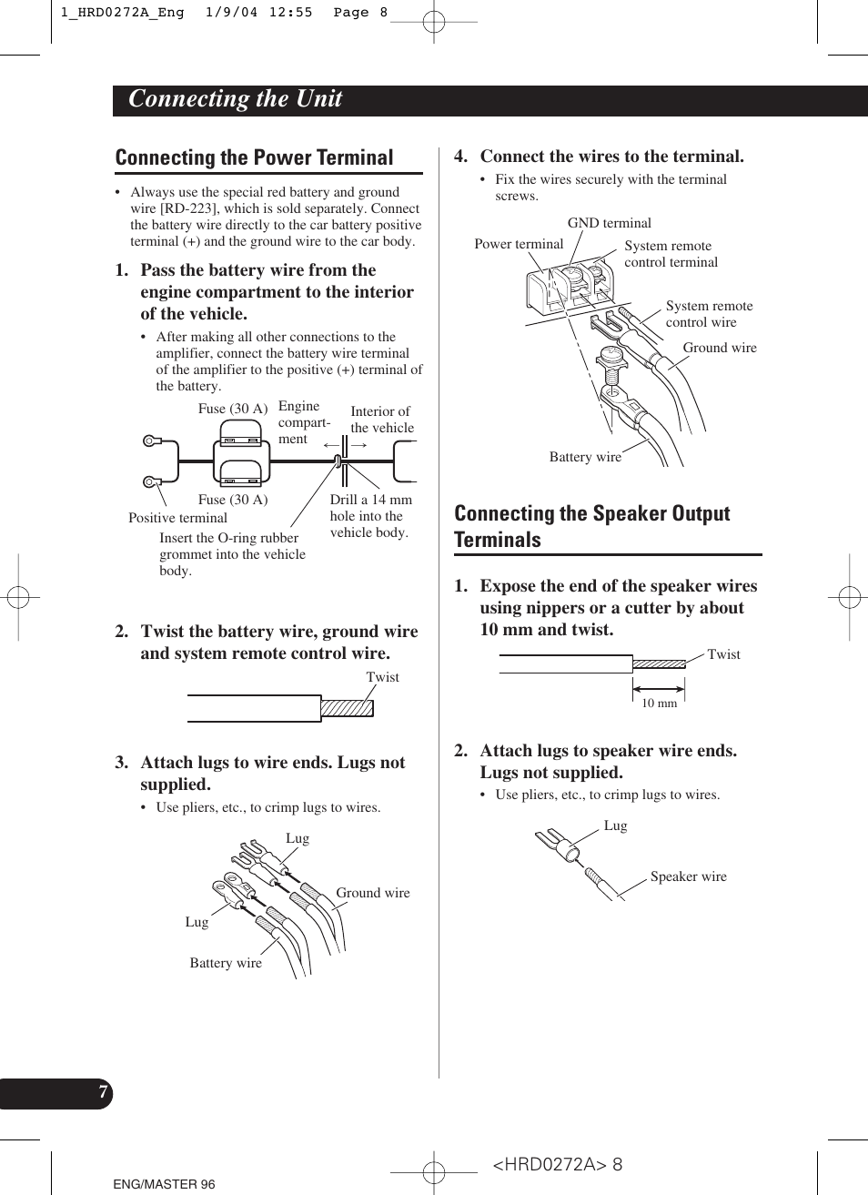 Connecting the unit, Connecting the power terminal, Connecting the speaker output terminals | Pioneer GM-3000T User Manual | Page 8 / 73