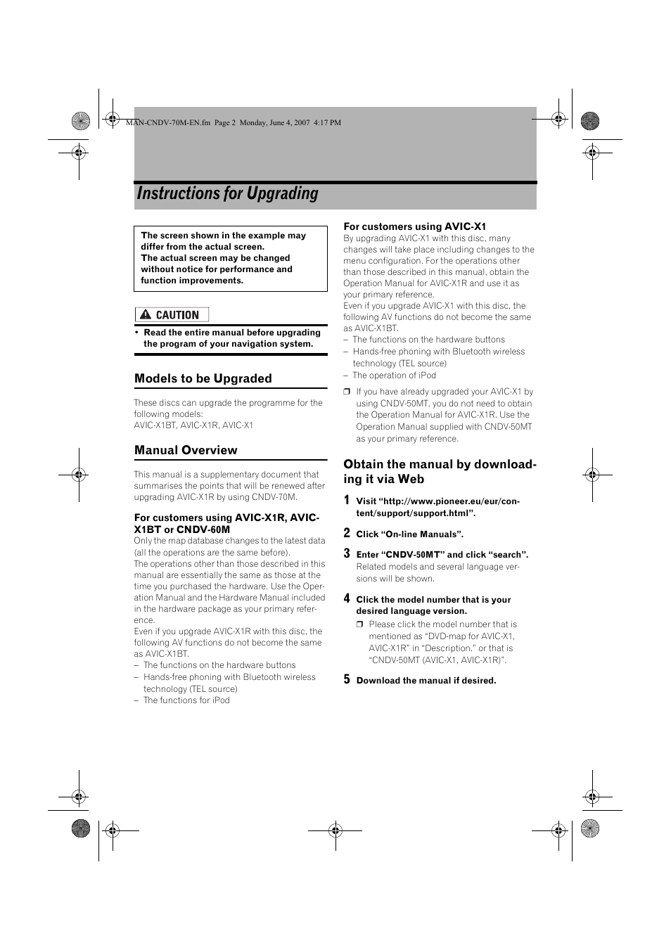 Instructions for upgrading | Pioneer CNDV-70M User Manual | Page 2 / 14