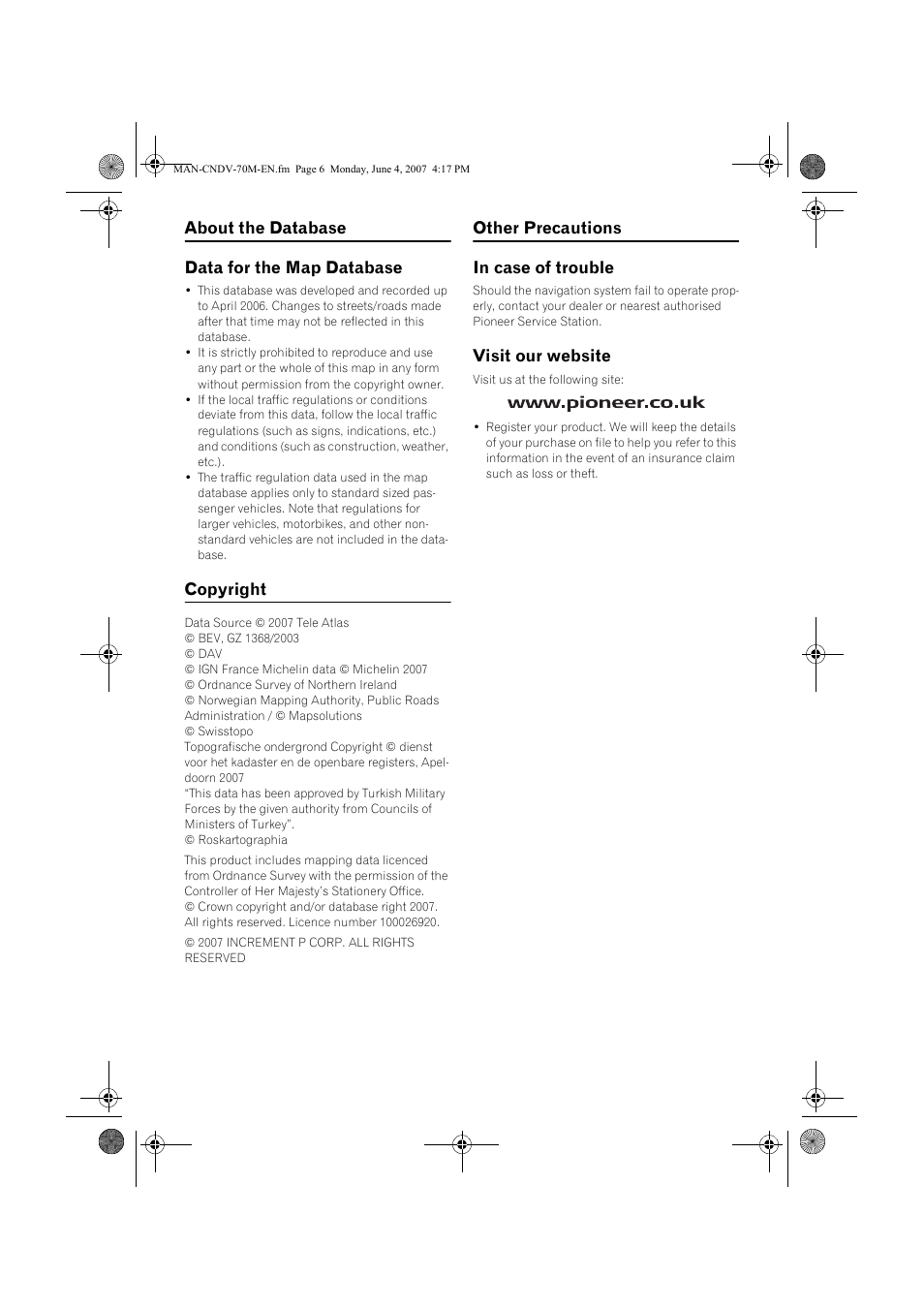 About the database data for the map database, Copyright, Other precautions in case of trouble | Visit our website | Pioneer CNDV-70M User Manual | Page 6 / 14