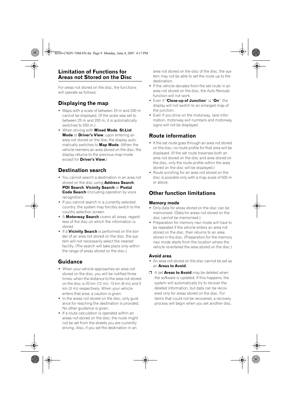 Displaying the map, Destination search, Guidance | Route information, Other function limitations | Pioneer CNDV-70M User Manual | Page 9 / 14