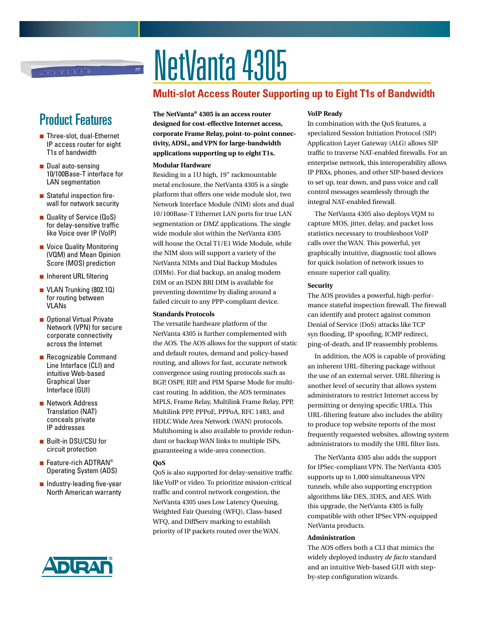ADTRAN NetVanta 4305 User Manual | 2 pages