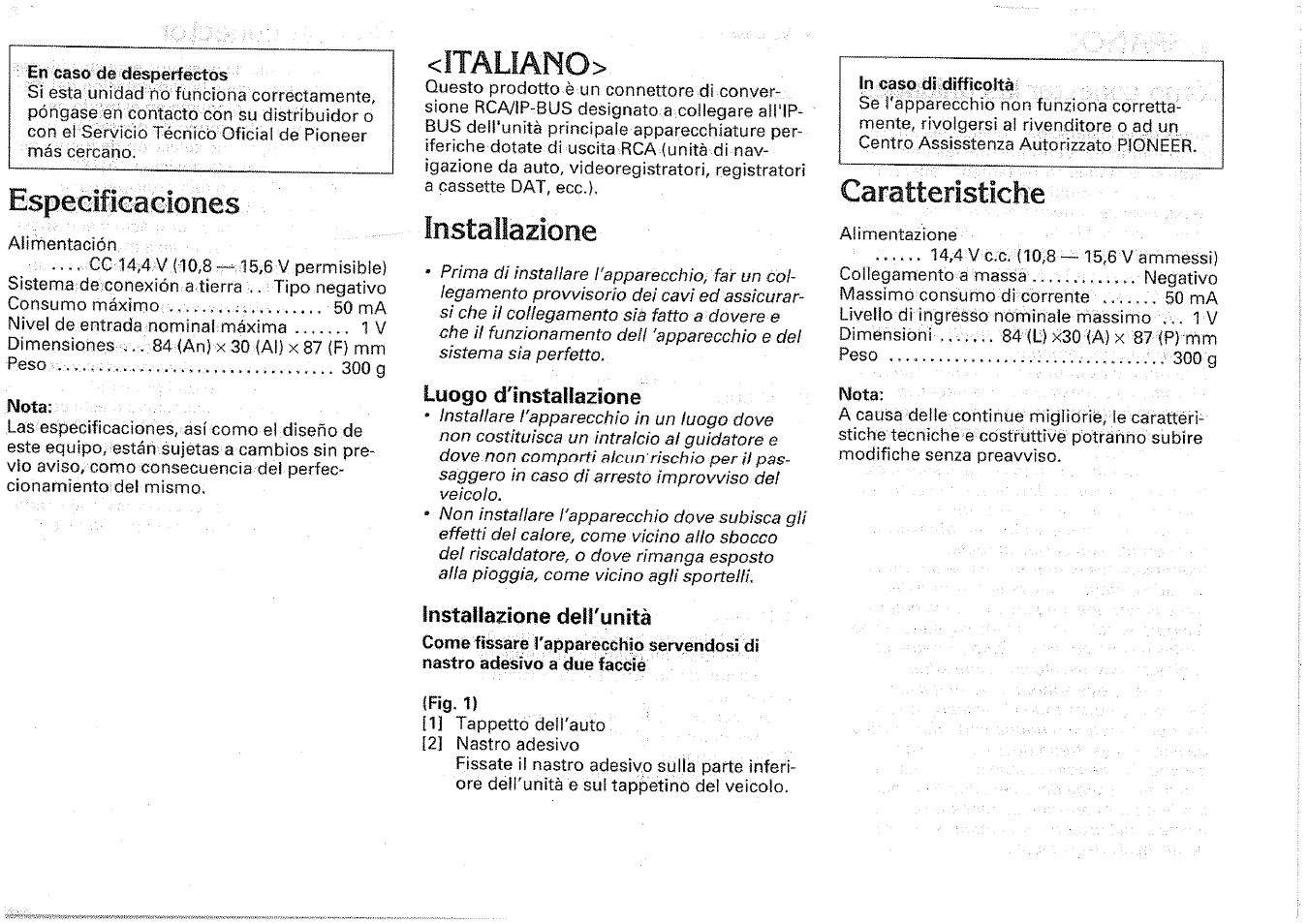 Italiano, Installazione, Especificaciones | Caratteristiche | Pioneer CD-RB20 User Manual | Page 10 / 12