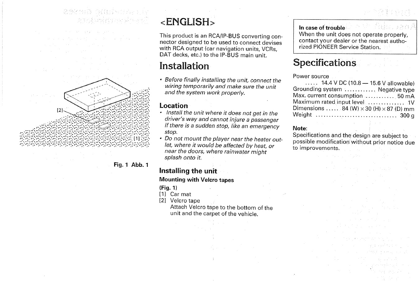 English, Specifications, Installation | Pioneer CD-RB20 User Manual | Page 2 / 12