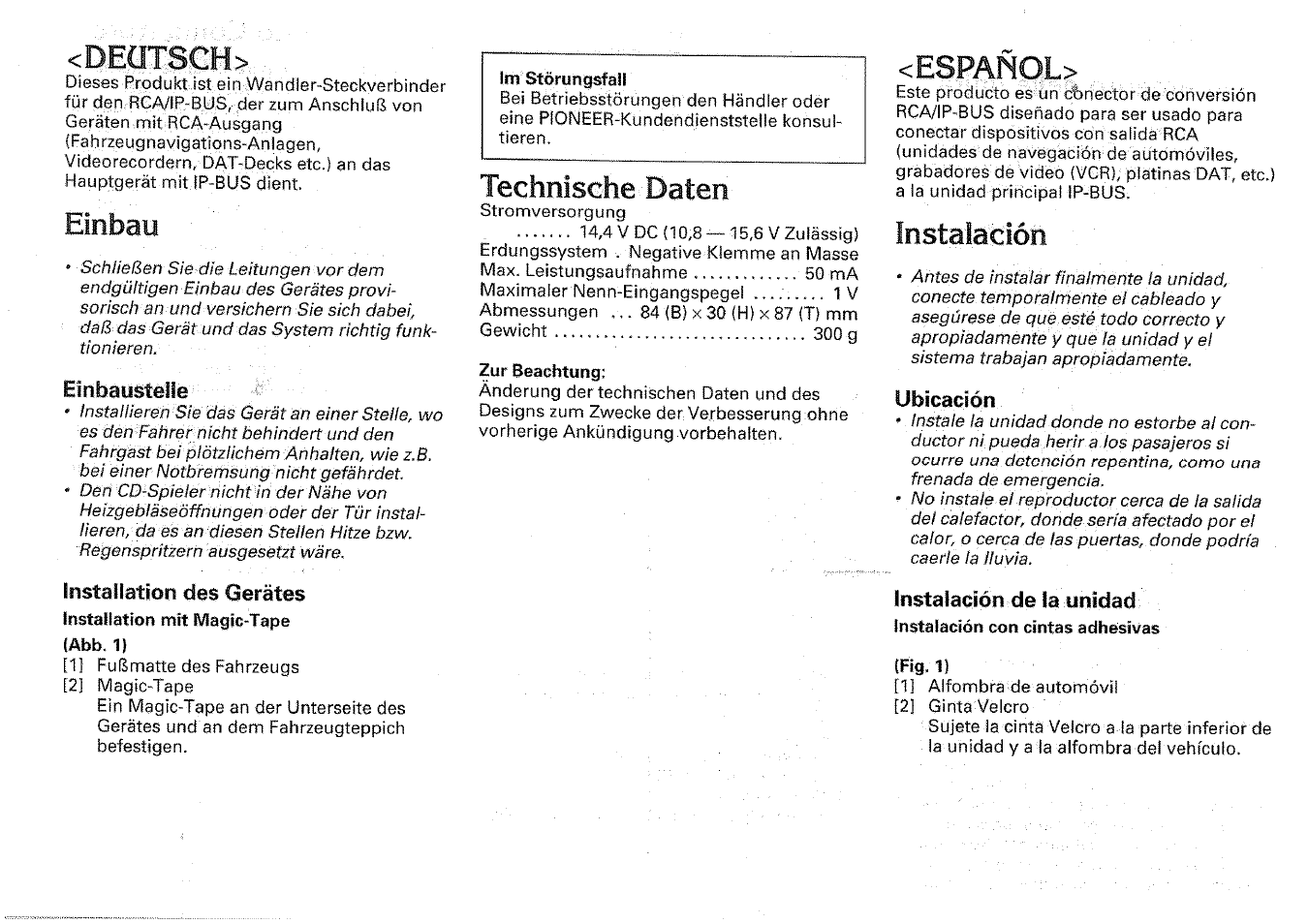 Deütsch, Einbau, Instalación | Technische daten, Espanol | Pioneer CD-RB20 User Manual | Page 8 / 12