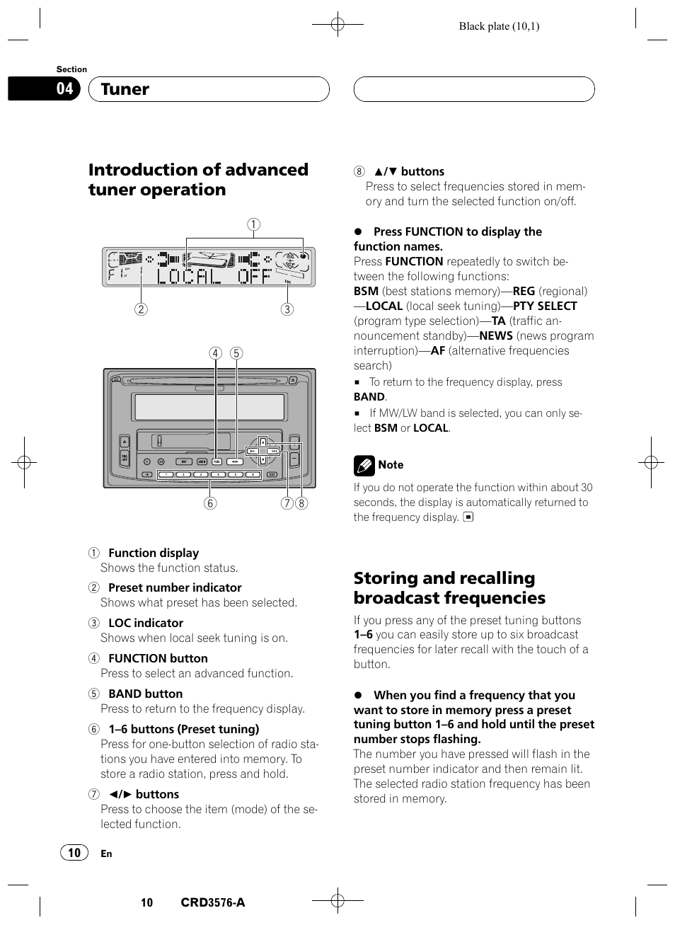 Introduction of advanced tuner, Operation 10, Storing and recalling broadcast | Frequencies 10, Introduction of advanced tuner operation, Storing and recalling broadcast frequencies, Tuner 04 | Pioneer FH-P4100R User Manual | Page 10 / 168