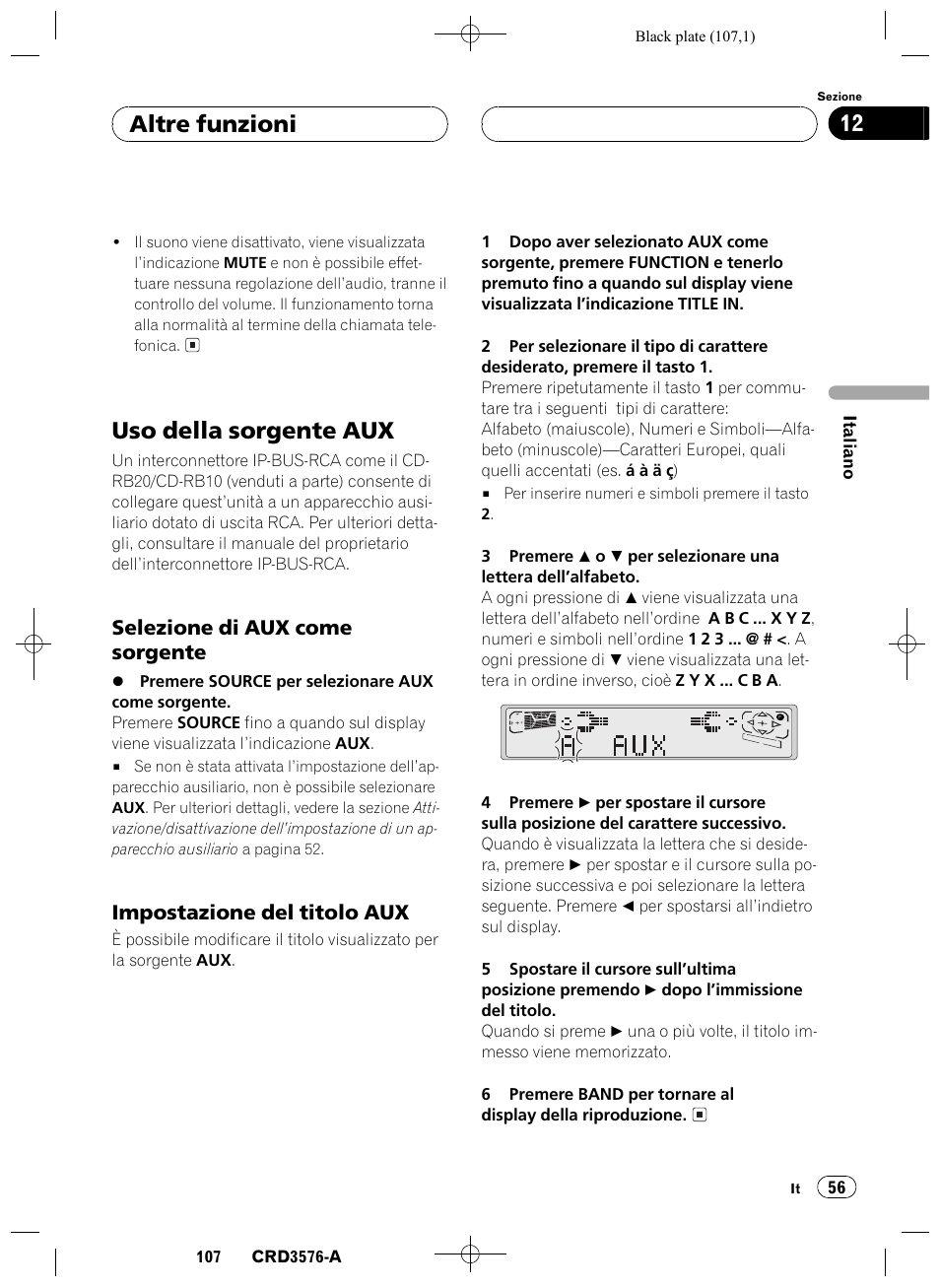 Uso della sorgente aux 56, Selezione di aux come sorgente 56, Impostazione del titolo aux 56 | Uso della sorgente aux, Altre funzioni 12, Selezione di aux come sorgente, Impostazione del titolo aux | Pioneer FH-P4100R User Manual | Page 107 / 168