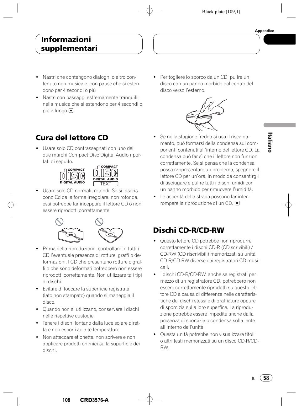Cura del lettore cd 58, Dischi cd-r/cd-rw 58, Cura del lettore cd | Dischi cd-r/cd-rw, Informazioni supplementari | Pioneer FH-P4100R User Manual | Page 109 / 168