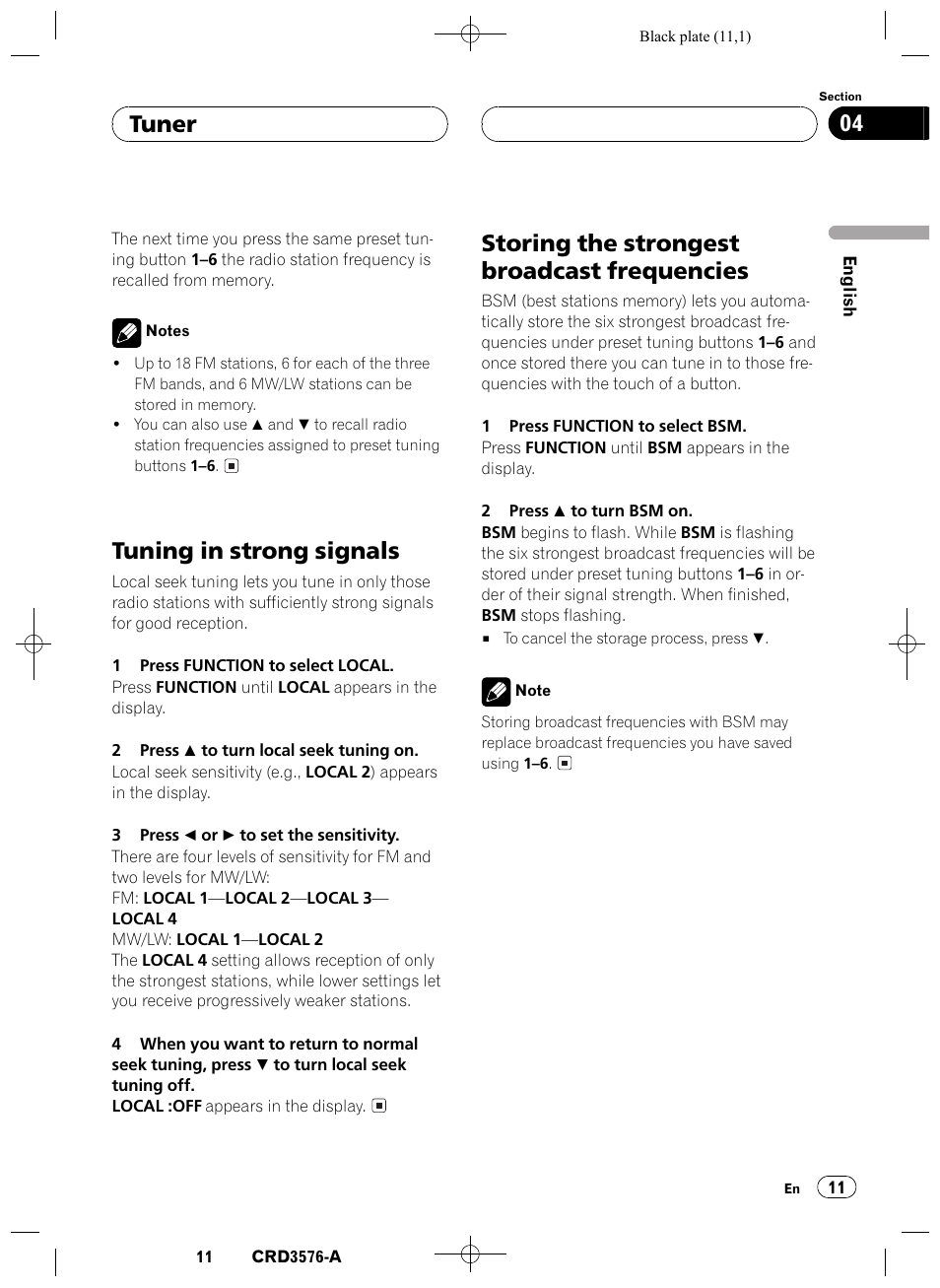 Tuning in strong signals 11, Storing the strongest broadcast, Frequencies 11 | Tuning in strong signals, Storing the strongest broadcast frequencies, Tuner 04 | Pioneer FH-P4100R User Manual | Page 11 / 168