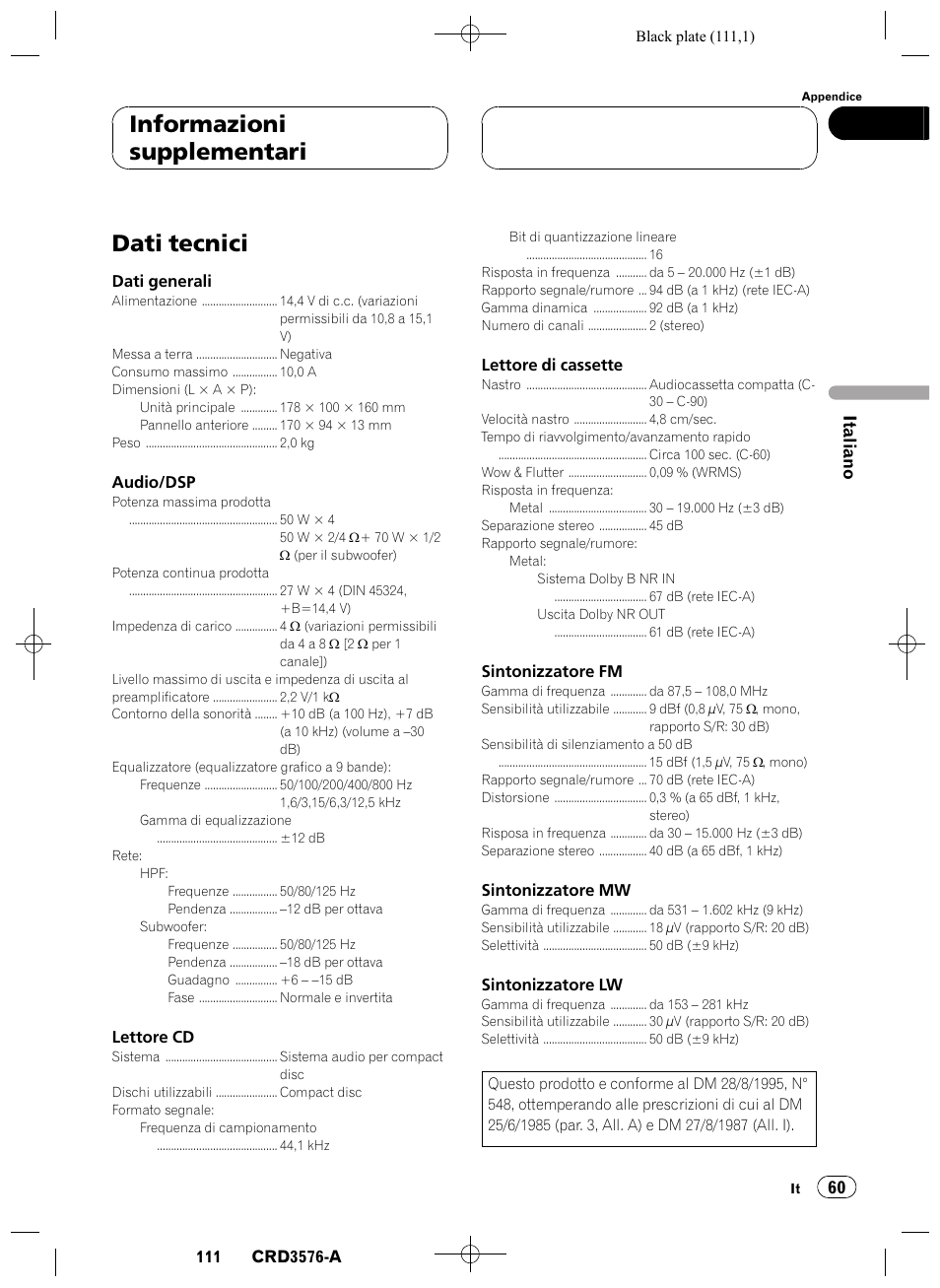 Dati tecnici 60, Dati tecnici, Informazioni supplementari | Pioneer FH-P4100R User Manual | Page 111 / 168