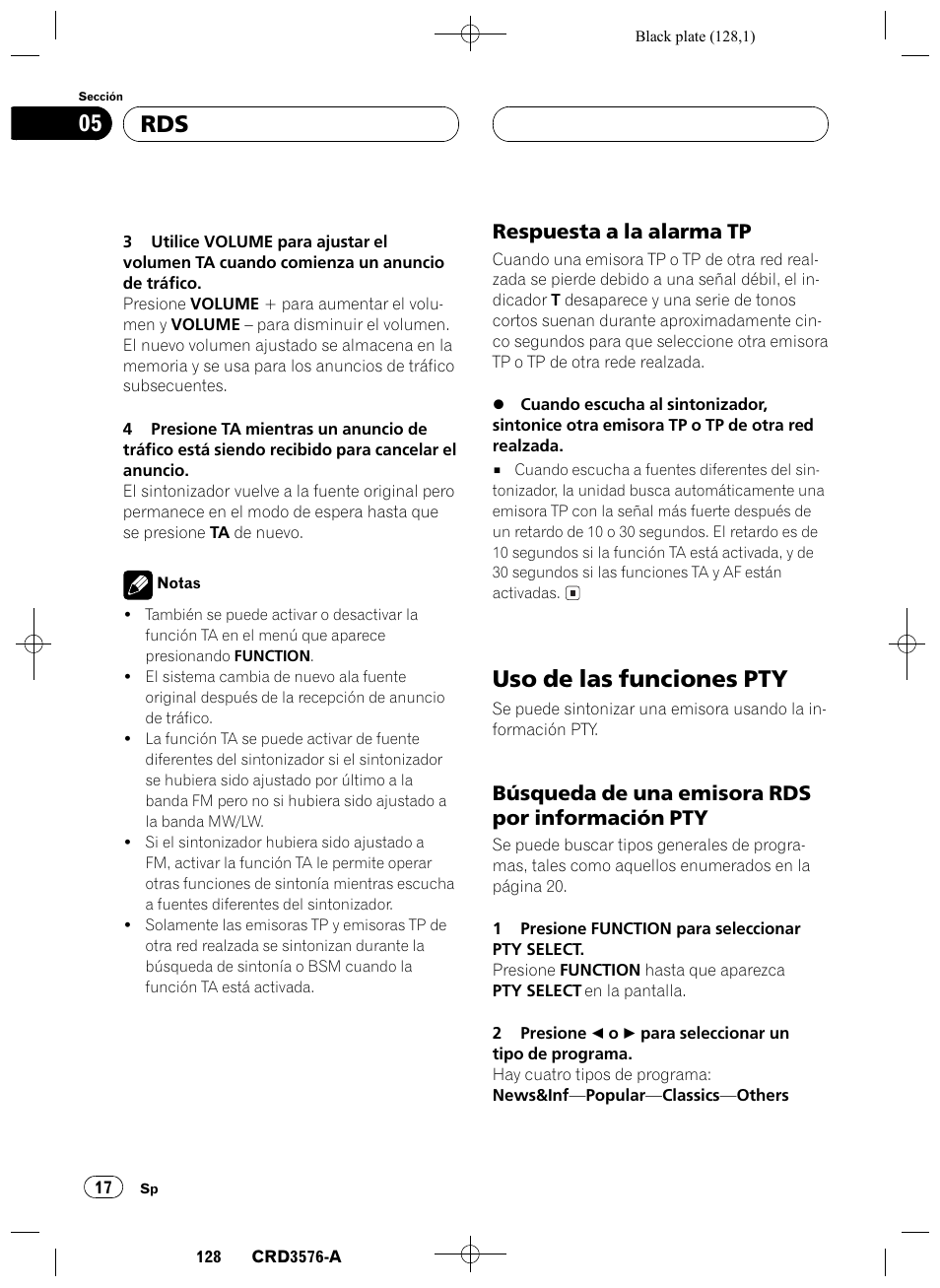 Respuesta a la alarma tp 17, Uso de las funciones pty 17, Búsqueda de una emisora rds por | Información pty 17, Uso de las funciones pty, Rds 05, Respuesta a la alarma tp, Búsqueda de una emisora rds por información pty | Pioneer FH-P4100R User Manual | Page 128 / 168