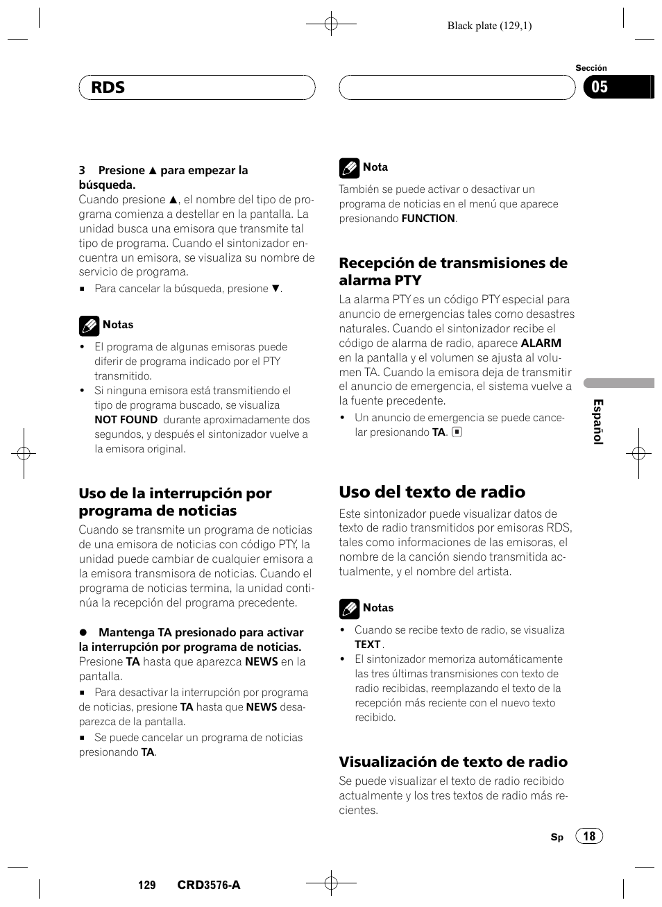 Uso de la interrupción por programa de, Noticias 18, Recepción de transmisiones de alarma | Pty 18, Uso del texto de radio 18, Visualización de texto de radio 18, Uso del texto de radio, Rds 05, Uso de la interrupción por programa de noticias, Recepción de transmisiones de alarma pty | Pioneer FH-P4100R User Manual | Page 129 / 168