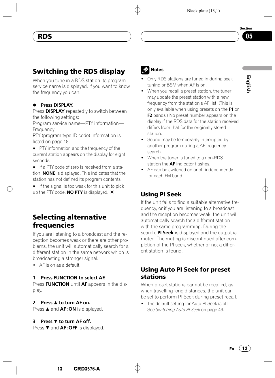 Switching the rds display 13, Selecting alternative frequencies 13, Using pi seek 13 | Using auto pi seek for preset, Stations 13, Switching the rds display, Selecting alternative frequencies, Rds 05, Using pi seek, Using auto pi seek for preset stations | Pioneer FH-P4100R User Manual | Page 13 / 168