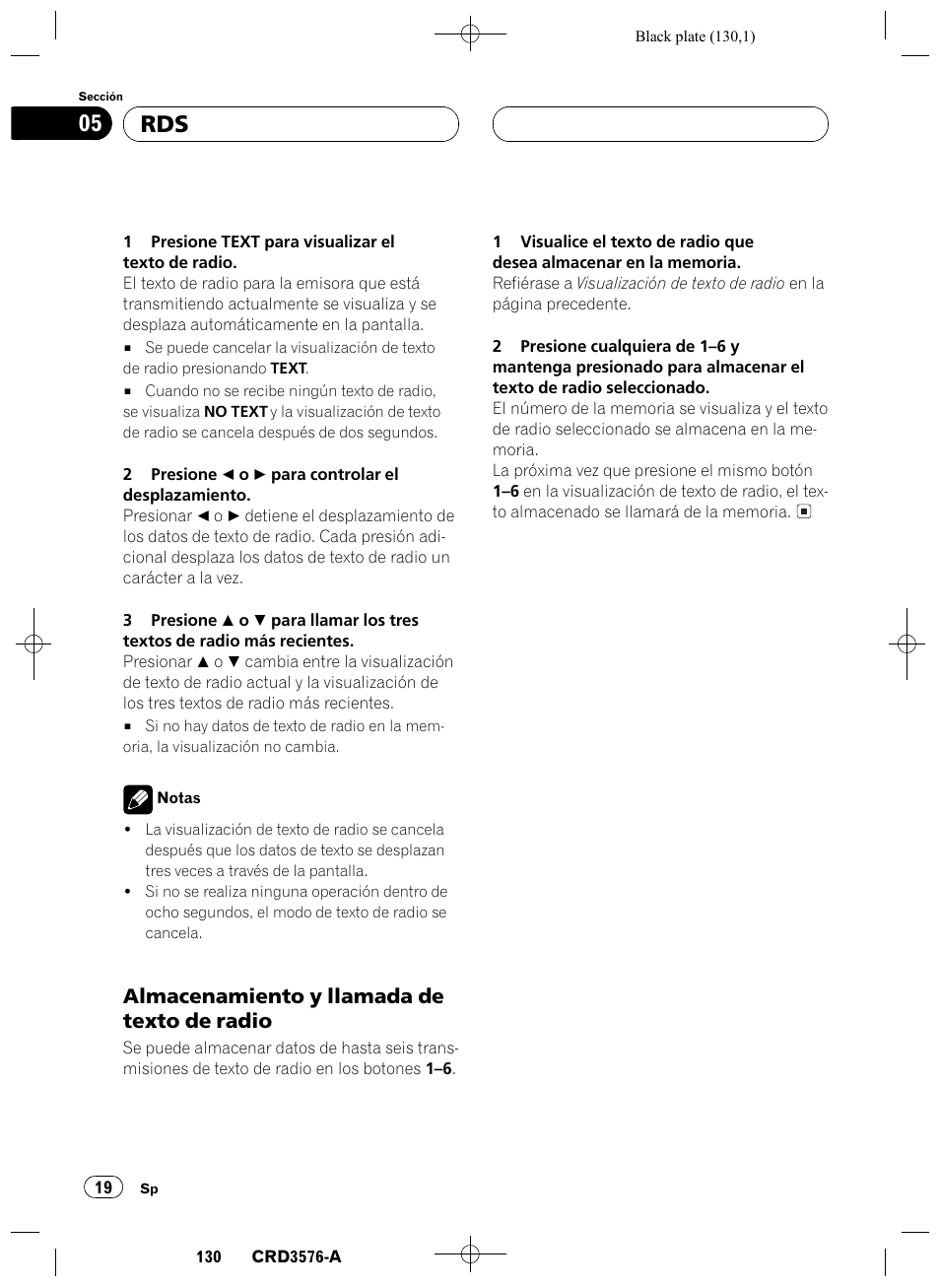 Almacenamiento y llamada de texto de, Radio 19, Rds 05 | Almacenamiento y llamada de texto de radio | Pioneer FH-P4100R User Manual | Page 130 / 168