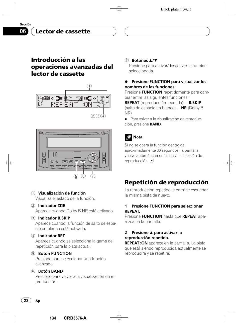 Introducción a las operaciones avanzadas del, Lector de cassette 23, Repetición de reproducción 23 | Repetición de reproducción, Lector de cassette 06 | Pioneer FH-P4100R User Manual | Page 134 / 168