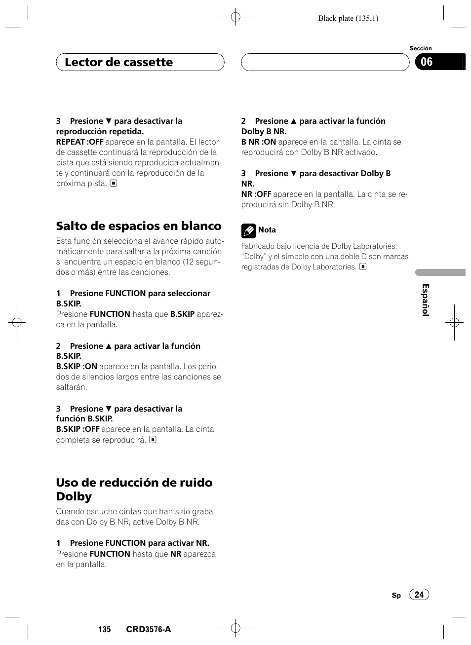 Salto de espacios en blanco 24, Uso de reducción de ruido dolby 24, Salto de espacios en blanco | Uso de reducción de ruido dolby, Lector de cassette 06 | Pioneer FH-P4100R User Manual | Page 135 / 168