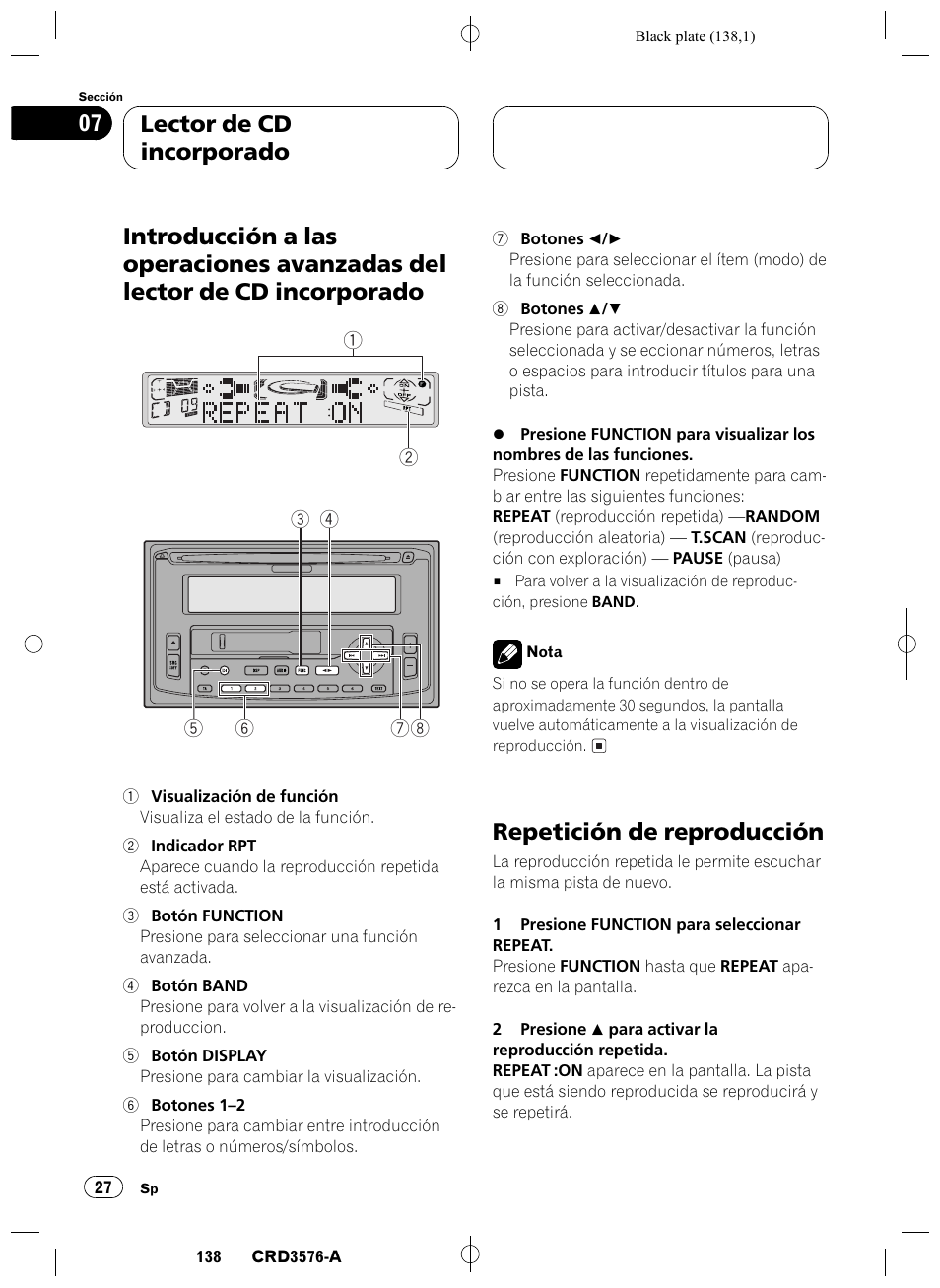 Introducción a las operaciones avanzadas del, Lector de cd incorporado 27, Repetición de reproducción 27 | Repetición de reproducción, Lector de cd incorporado 07 | Pioneer FH-P4100R User Manual | Page 138 / 168