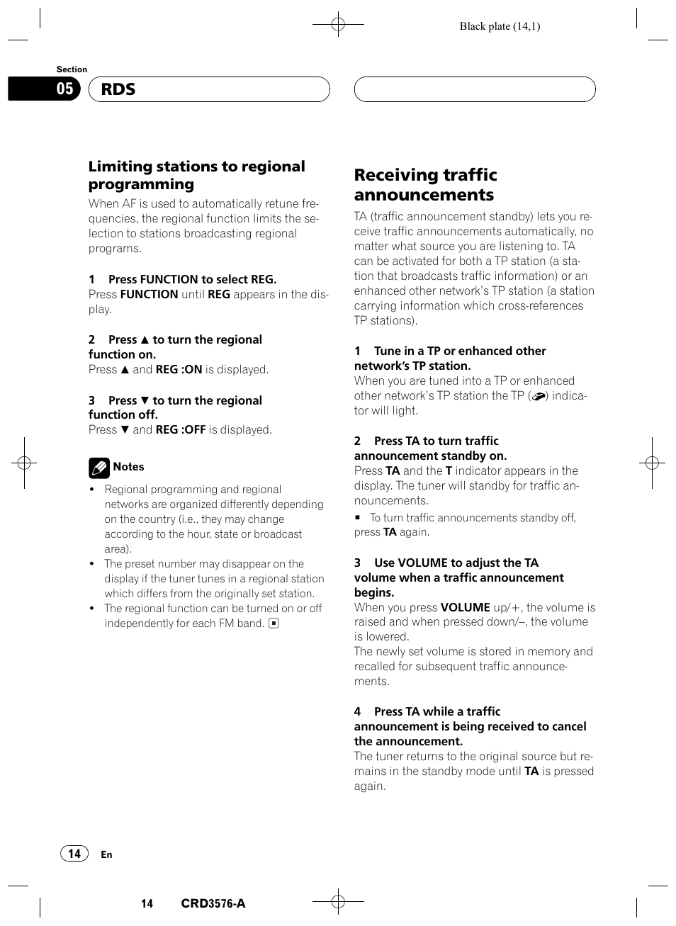 Limiting stations to regional, Programming 14, Receiving traffic announcements 14 | Receiving traffic announcements, Rds 05, Limiting stations to regional programming | Pioneer FH-P4100R User Manual | Page 14 / 168