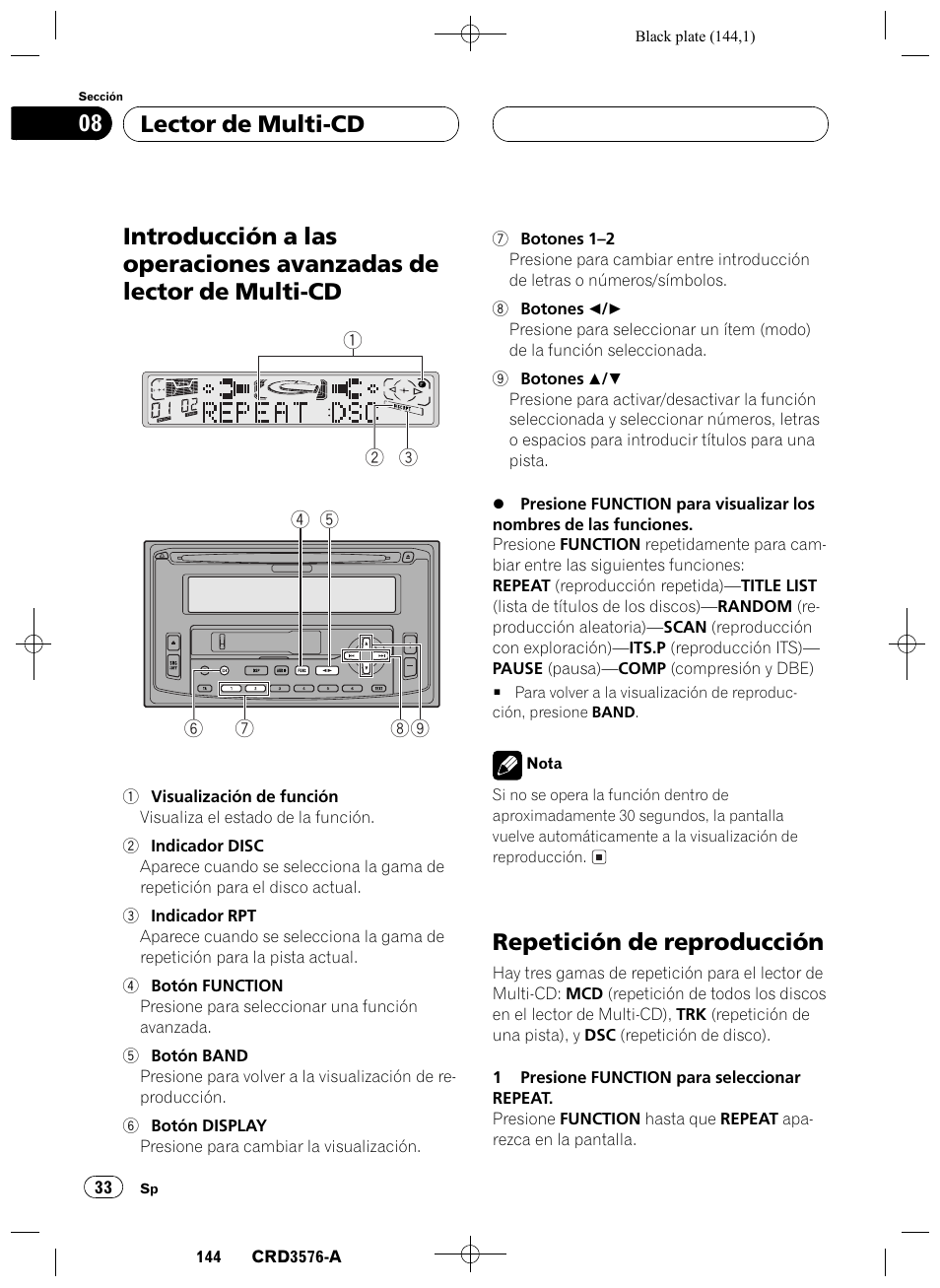 Introducción a las operaciones avanzadas de, Lector de multi-cd 33, Repetición de reproducción 33 | Repetición de reproducción, Lector de multi-cd 08 | Pioneer FH-P4100R User Manual | Page 144 / 168