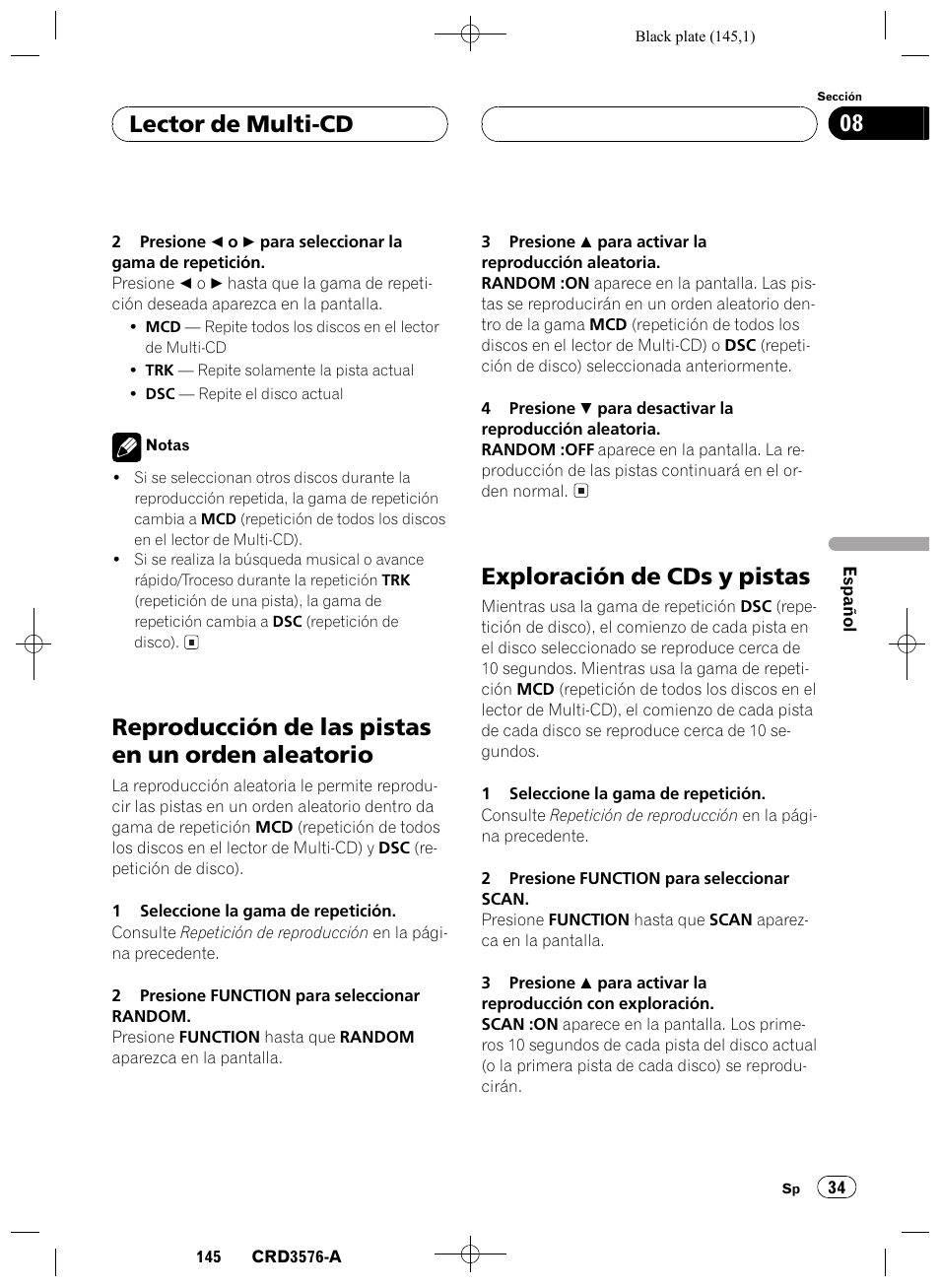 Reproducción de las pistas en un orden, Aleatorio 34, Exploración de cds y pistas 34 | Reproducción de las pistas en un orden aleatorio, Exploración de cds y pistas, Lector de multi-cd 08 | Pioneer FH-P4100R User Manual | Page 145 / 168