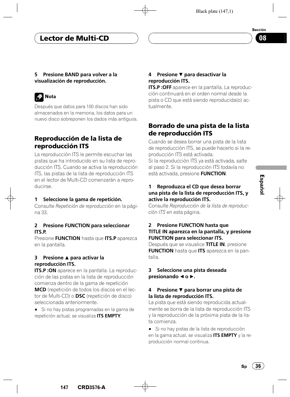 Reproducción de la lista de reproducción, Its 36, Borrado de una pista de la lista de | Reproducción its 36, Lector de multi-cd 08, Reproducción de la lista de reproducción its | Pioneer FH-P4100R User Manual | Page 147 / 168