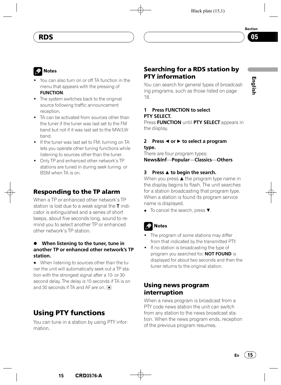 Responding to the tp alarm 15, Using pty functions 15, Searching for a rds station by pty | Information 15, Using news program interruption 15, Using pty functions, Rds 05, Responding to the tp alarm, Searching for a rds station by pty information, Using news program interruption | Pioneer FH-P4100R User Manual | Page 15 / 168