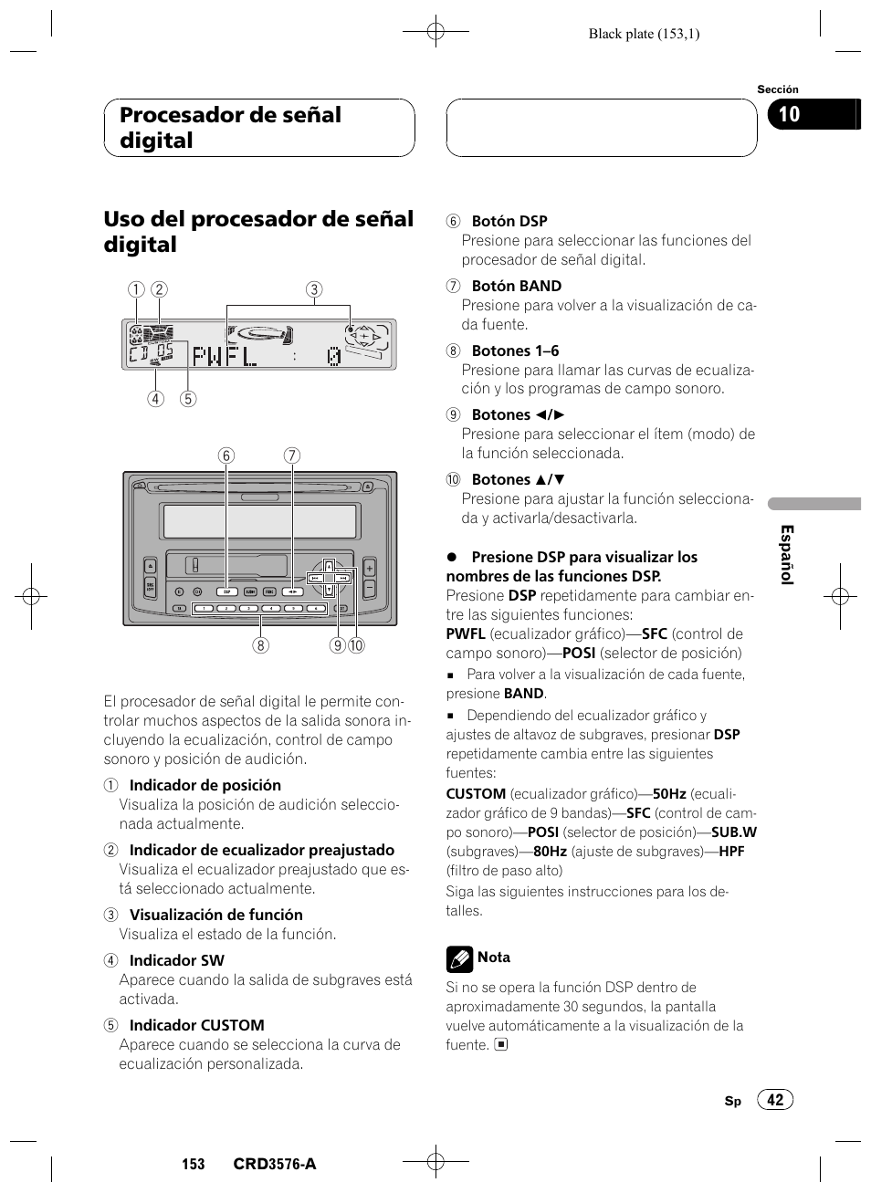 Procesador de señal digital, Uso del procesador de señal digital 42, Uso del procesador de señal digital | Procesador de señal digital 10 | Pioneer FH-P4100R User Manual | Page 153 / 168