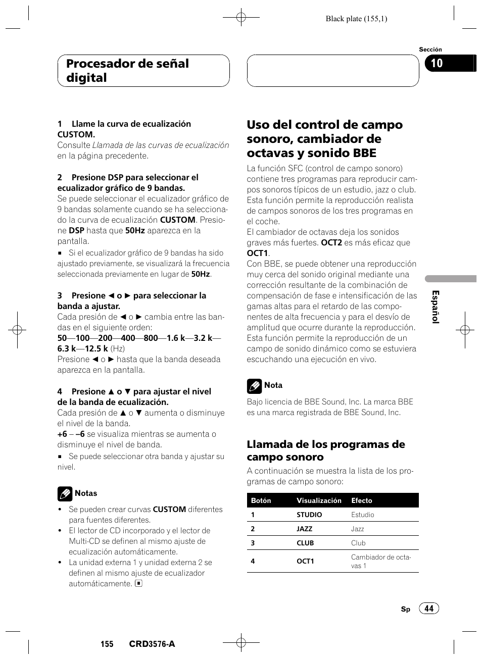 Uso del control de campo sonoro, cambiador de, Octavas y sonido bbe 44, Llamada de los programas de campo | Sonoro 44, Procesador de señal digital 10, Llamada de los programas de campo sonoro | Pioneer FH-P4100R User Manual | Page 155 / 168