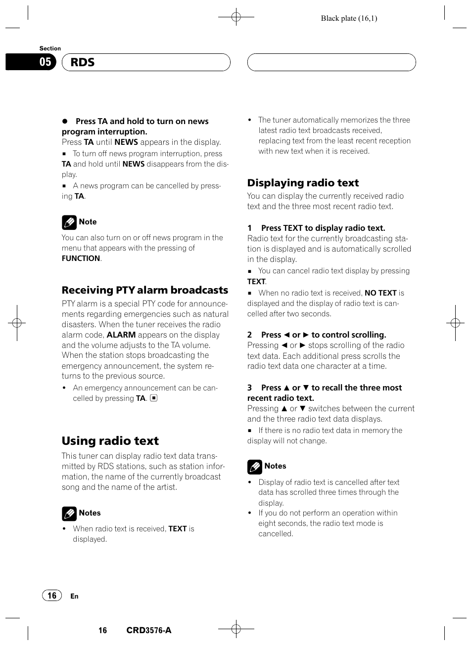 Receiving pty alarm broadcasts 16, Using radio text 16, Displaying radio text 16 | Using radio text, Rds 05, Receiving pty alarm broadcasts, Displaying radio text | Pioneer FH-P4100R User Manual | Page 16 / 168