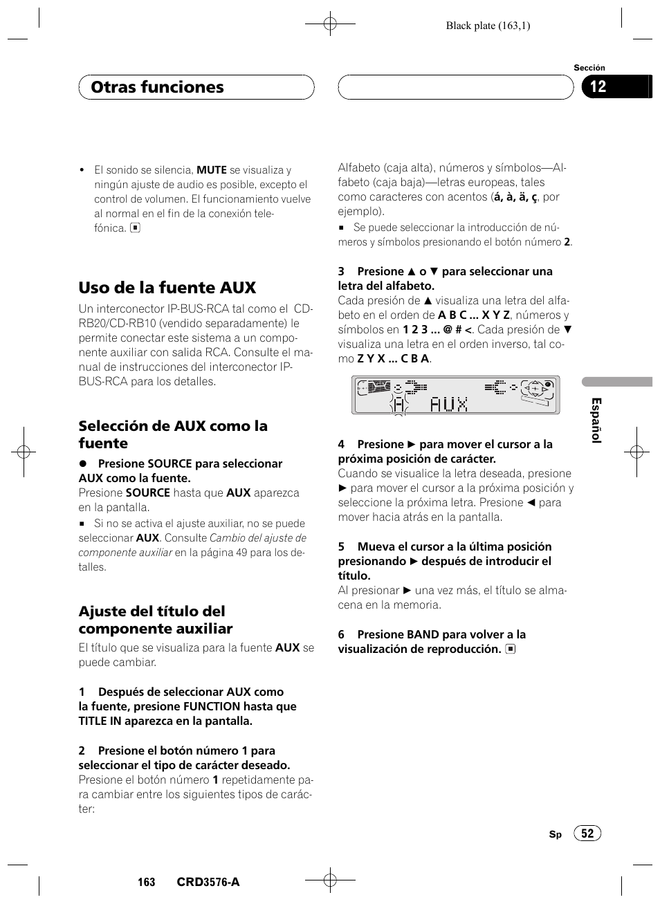 Uso de la fuente aux 52, Selección de aux como la fuente 52, Ajuste del título del componente | Auxiliar 52, Uso de la fuente aux, Otras funciones 12, Selección de aux como la fuente, Ajuste del título del componente auxiliar | Pioneer FH-P4100R User Manual | Page 163 / 168