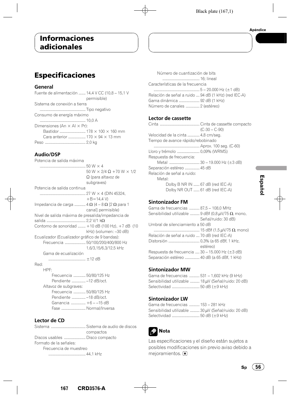 Especificaciones 56, Especificaciones, Informaciones adicionales | Pioneer FH-P4100R User Manual | Page 167 / 168