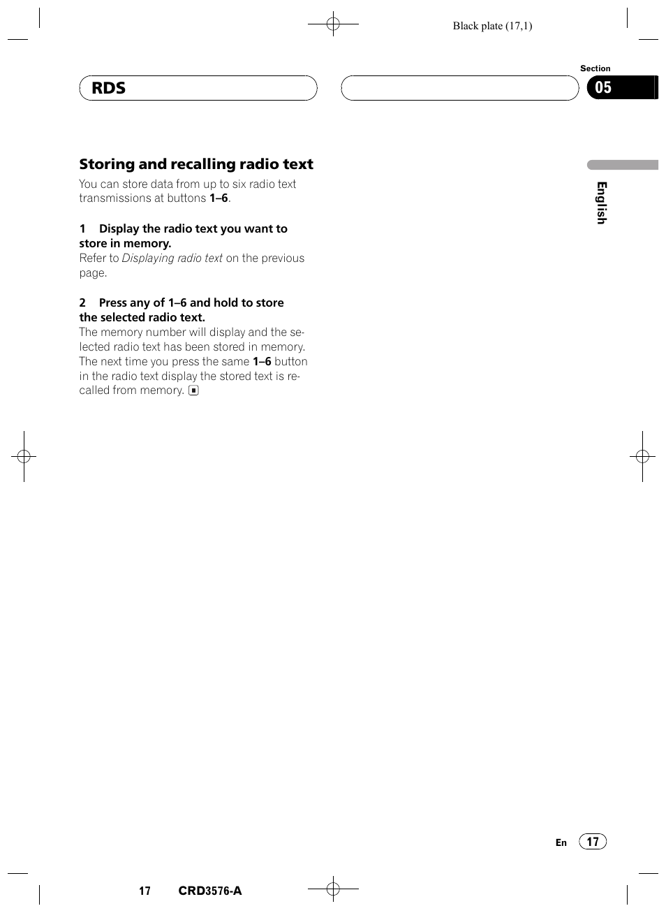 Storing and recalling radio text 17, Rds 05 | Pioneer FH-P4100R User Manual | Page 17 / 168