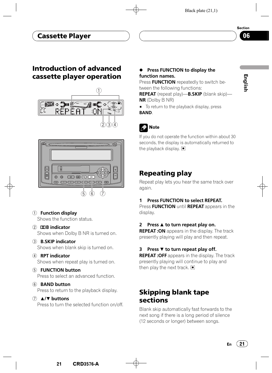 Introduction of advanced cassette player, Operation 21, Repeating play 21 | Skipping blank tape sections 21, Introduction of advanced cassette player operation, Repeating play, Cassette player 06 | Pioneer FH-P4100R User Manual | Page 21 / 168