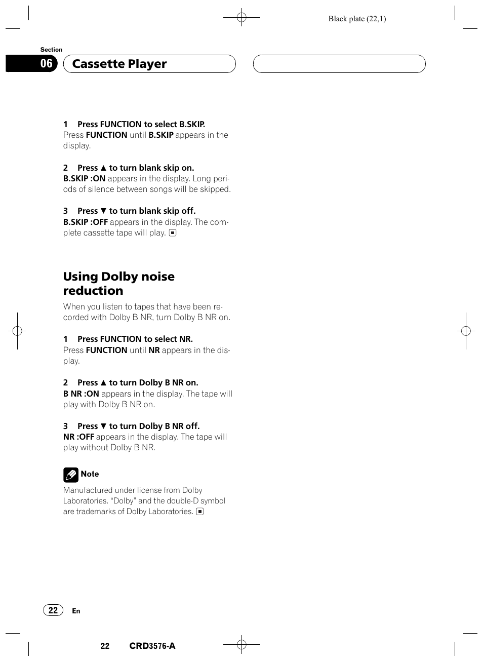 Using dolby noise reduction 22, Using dolby noise reduction, Cassette player 06 | Pioneer FH-P4100R User Manual | Page 22 / 168