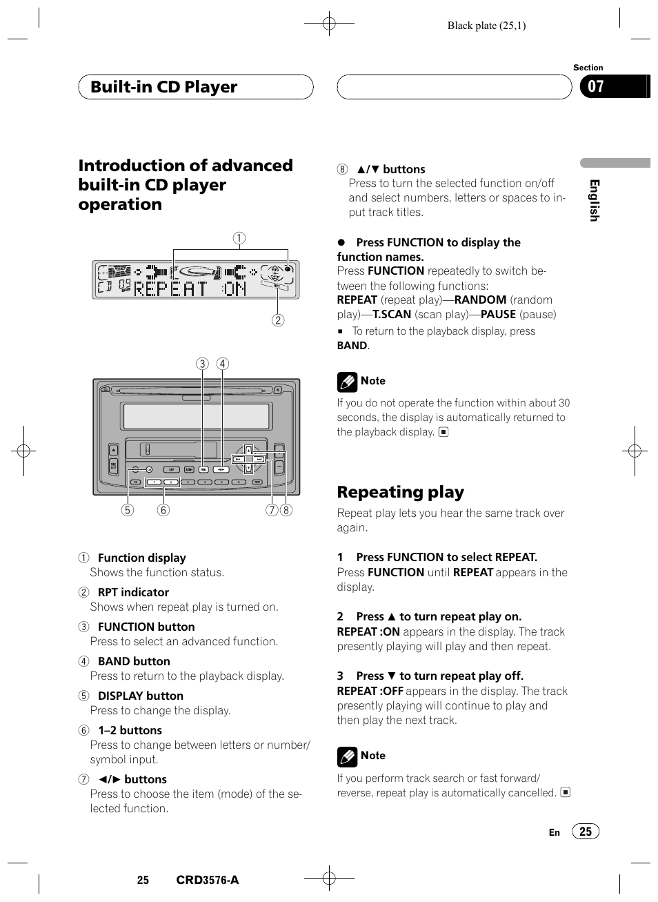 Introduction of advanced built-in cd player, Operation 25, Repeating play 25 | Repeating play, Built-in cd player 07 | Pioneer FH-P4100R User Manual | Page 25 / 168