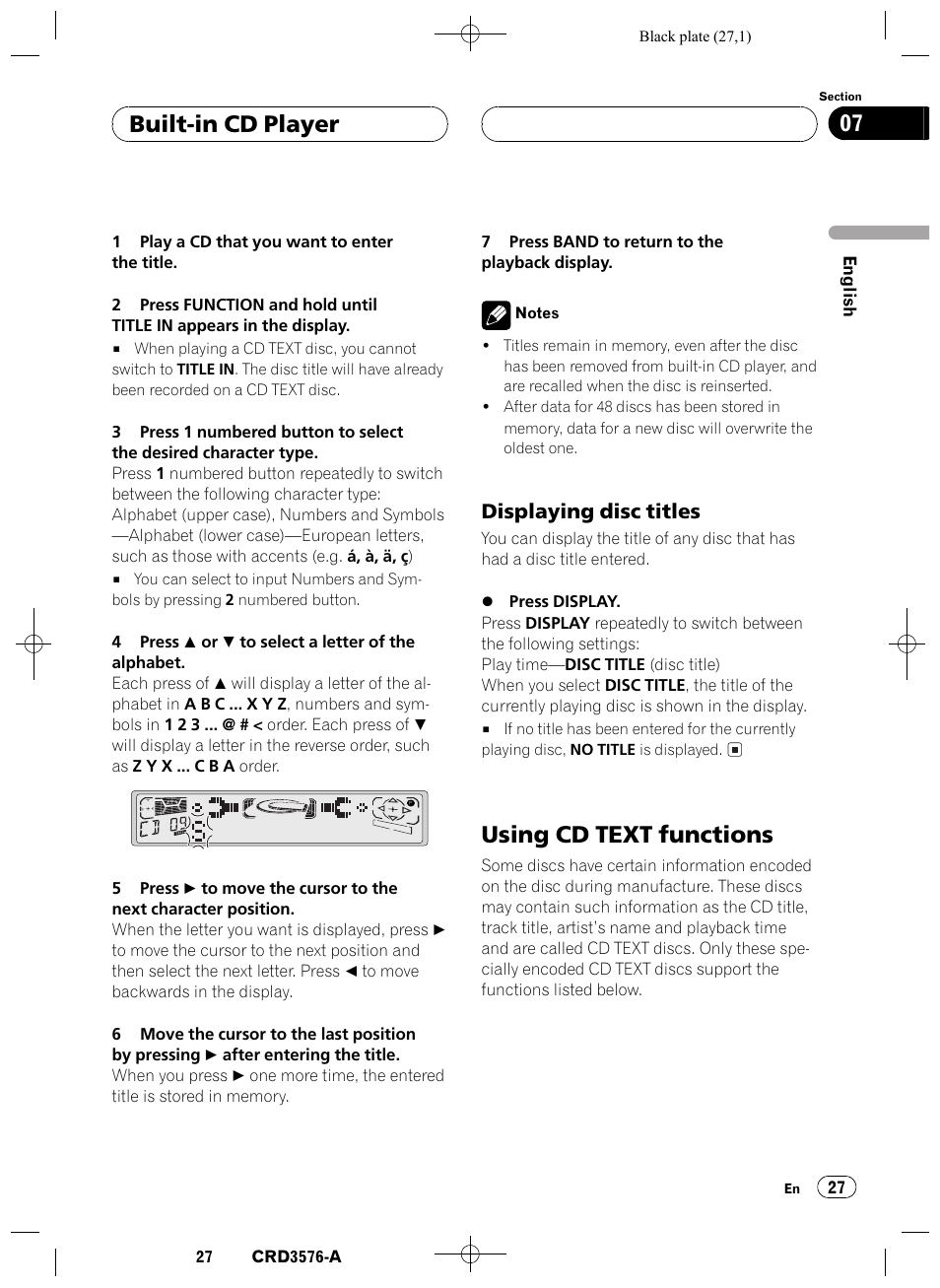 Displaying disc titles 27, Using cd text functions 27, Using cd text functions | Built-in cd player 07, Displaying disc titles | Pioneer FH-P4100R User Manual | Page 27 / 168