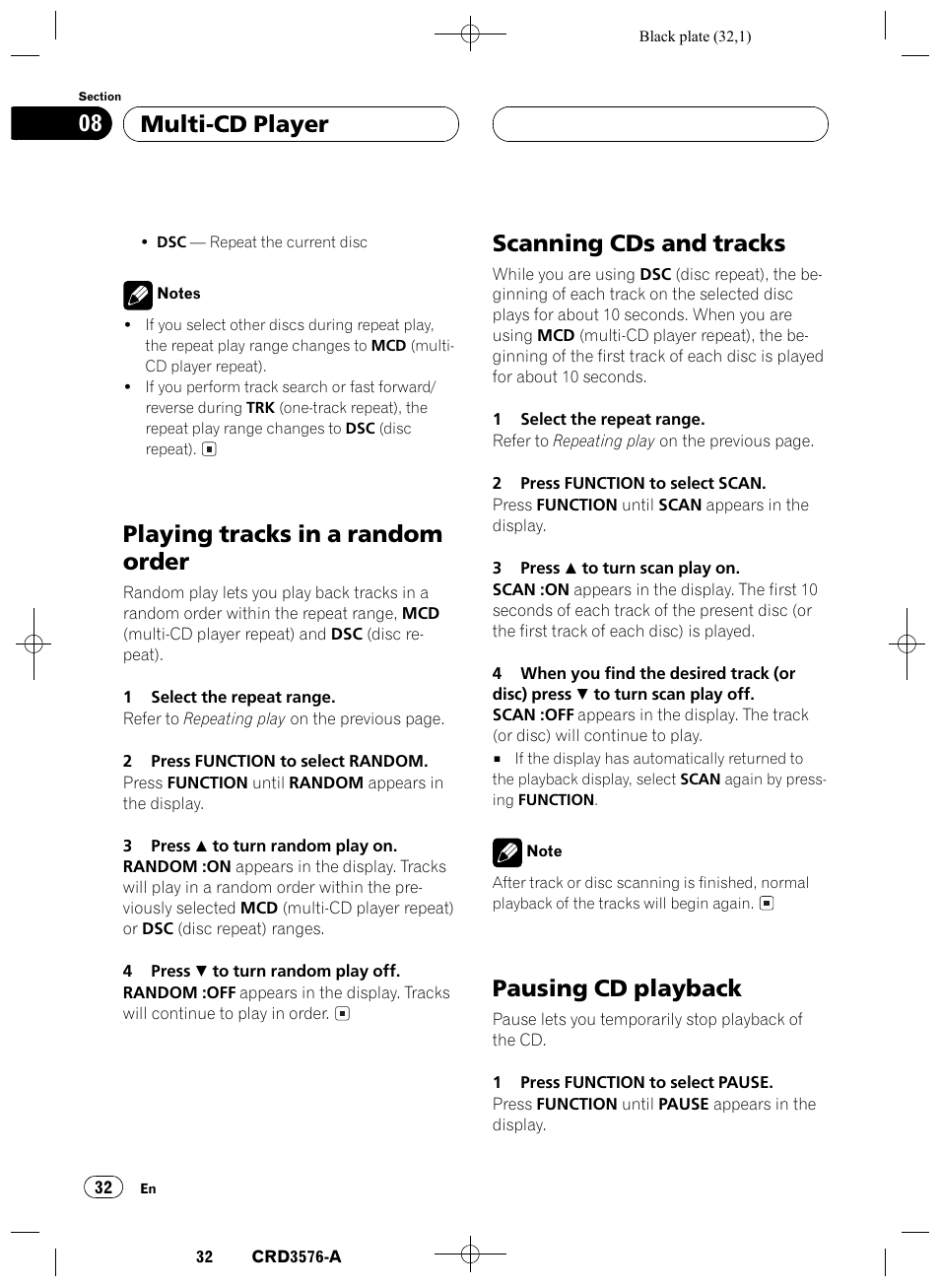 Playing tracks in a random order 32, Scanning cds and tracks 32, Pausing cd playback 32 | Playing tracks in a random order, Scanning cds and tracks, Pausing cd playback, Multi-cd player 08 | Pioneer FH-P4100R User Manual | Page 32 / 168