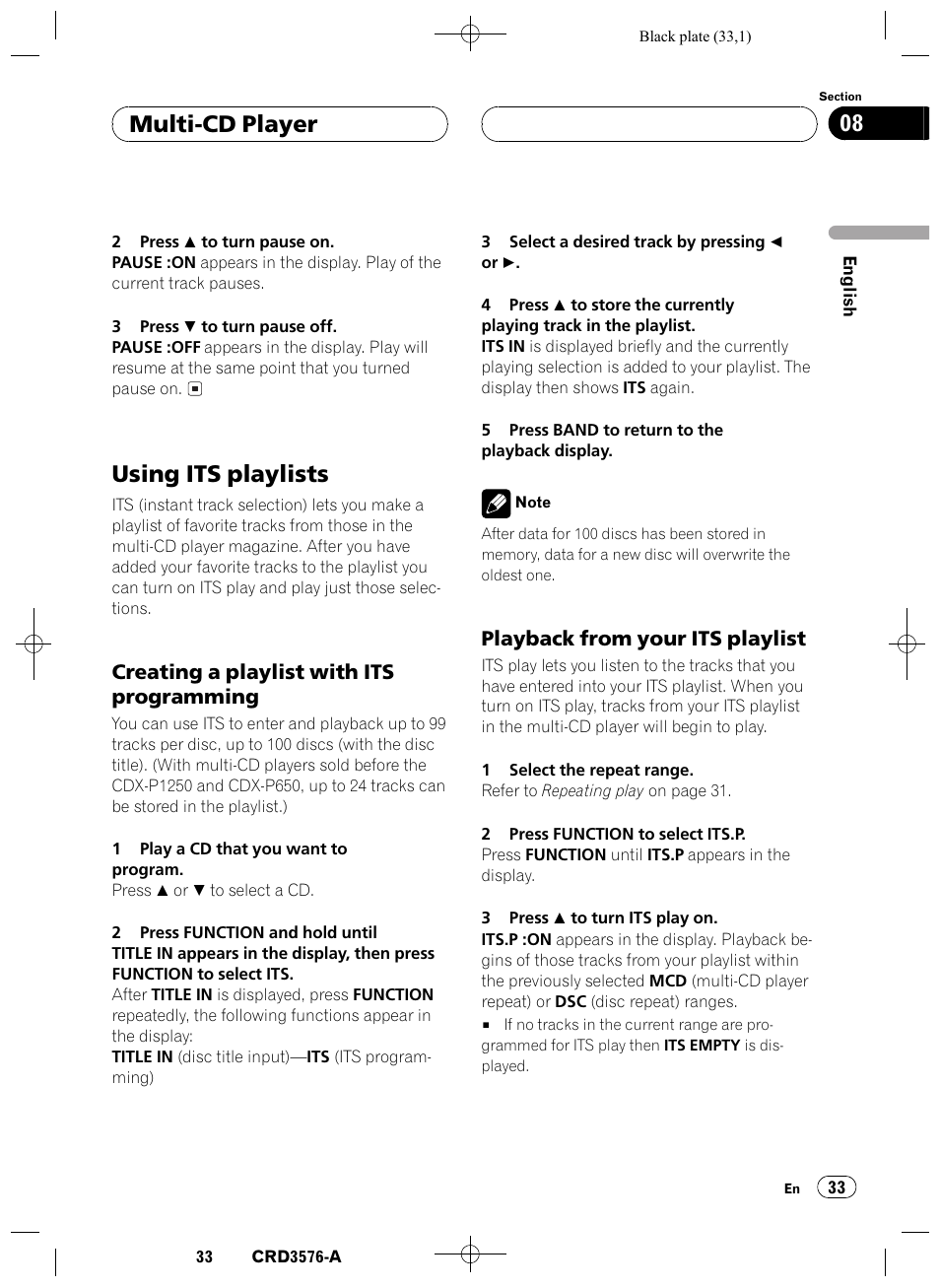 Using its playlists 33, Creating a playlist with its, Programming 33 | Playback from your its playlist 33, Using its playlists, Multi-cd player 08, Creating a playlist with its programming, Playback from your its playlist | Pioneer FH-P4100R User Manual | Page 33 / 168