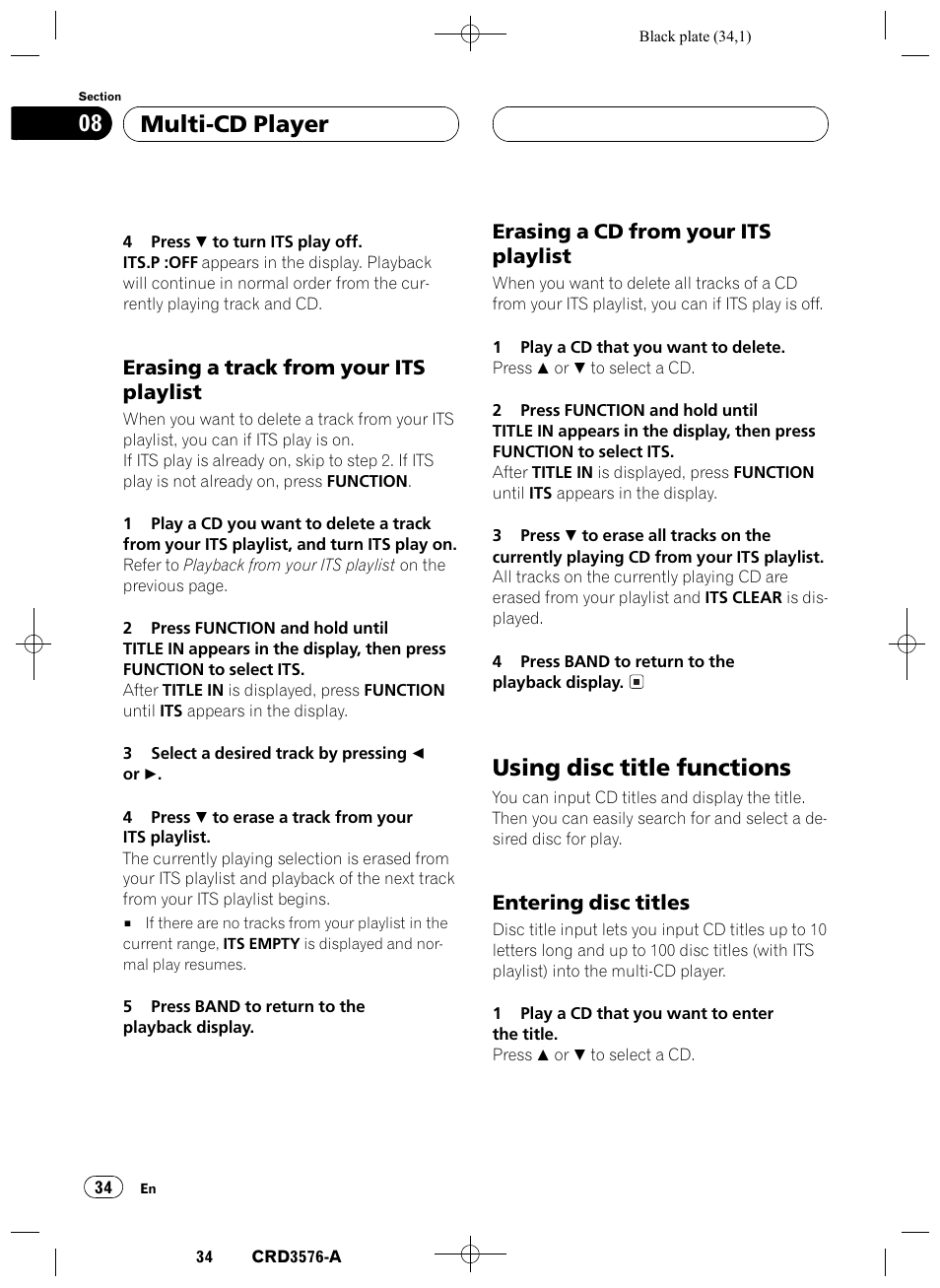 Erasing a track from your its, Playlist 34, Erasing a cd from your its | Using disc title functions 34, Entering disc titles 34, Using disc title functions, Multi-cd player 08, Erasing a track from your its playlist, Erasing a cd from your its playlist, Entering disc titles | Pioneer FH-P4100R User Manual | Page 34 / 168